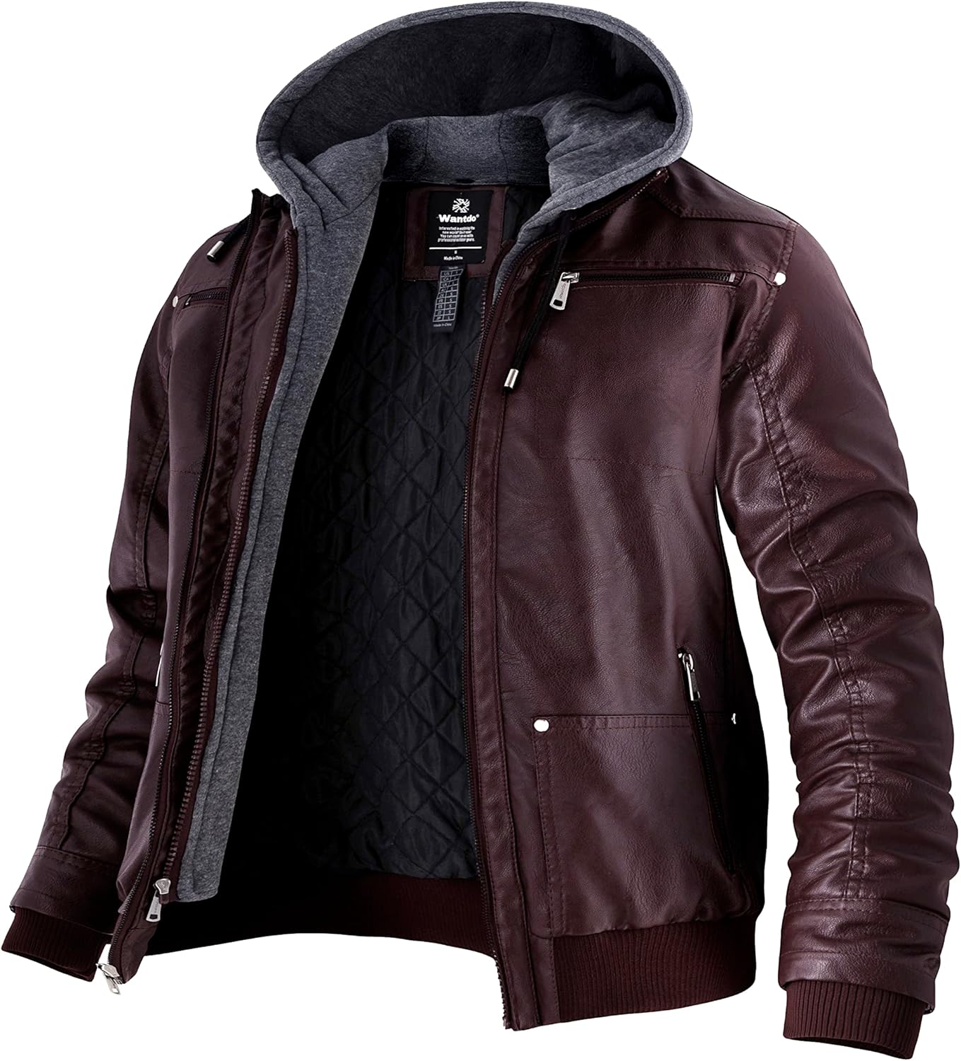wantdo Men's Faux Leather Jacket with Removable Hood Motorcycle Jacket Casual Wa...