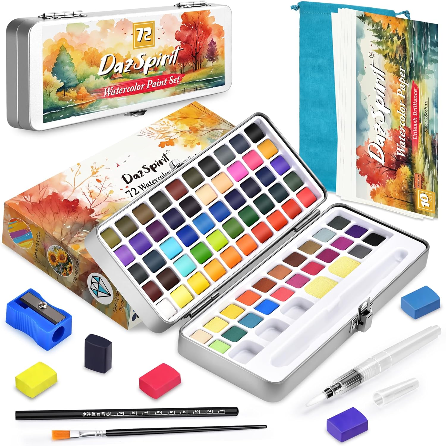 DazSpirit Watercolour Paint Set,72 Vivid Colors Including 50 Metallic and 22 Flu...