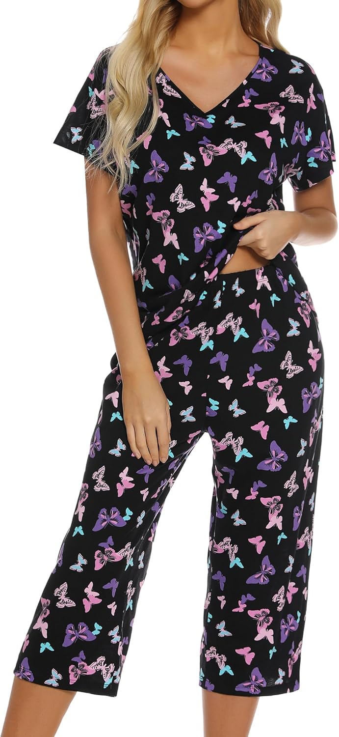 ENJOYNIGHT Women's Pajama Sets Cotton Sleepwear Tops with Capri Pants Cute Pjs L...