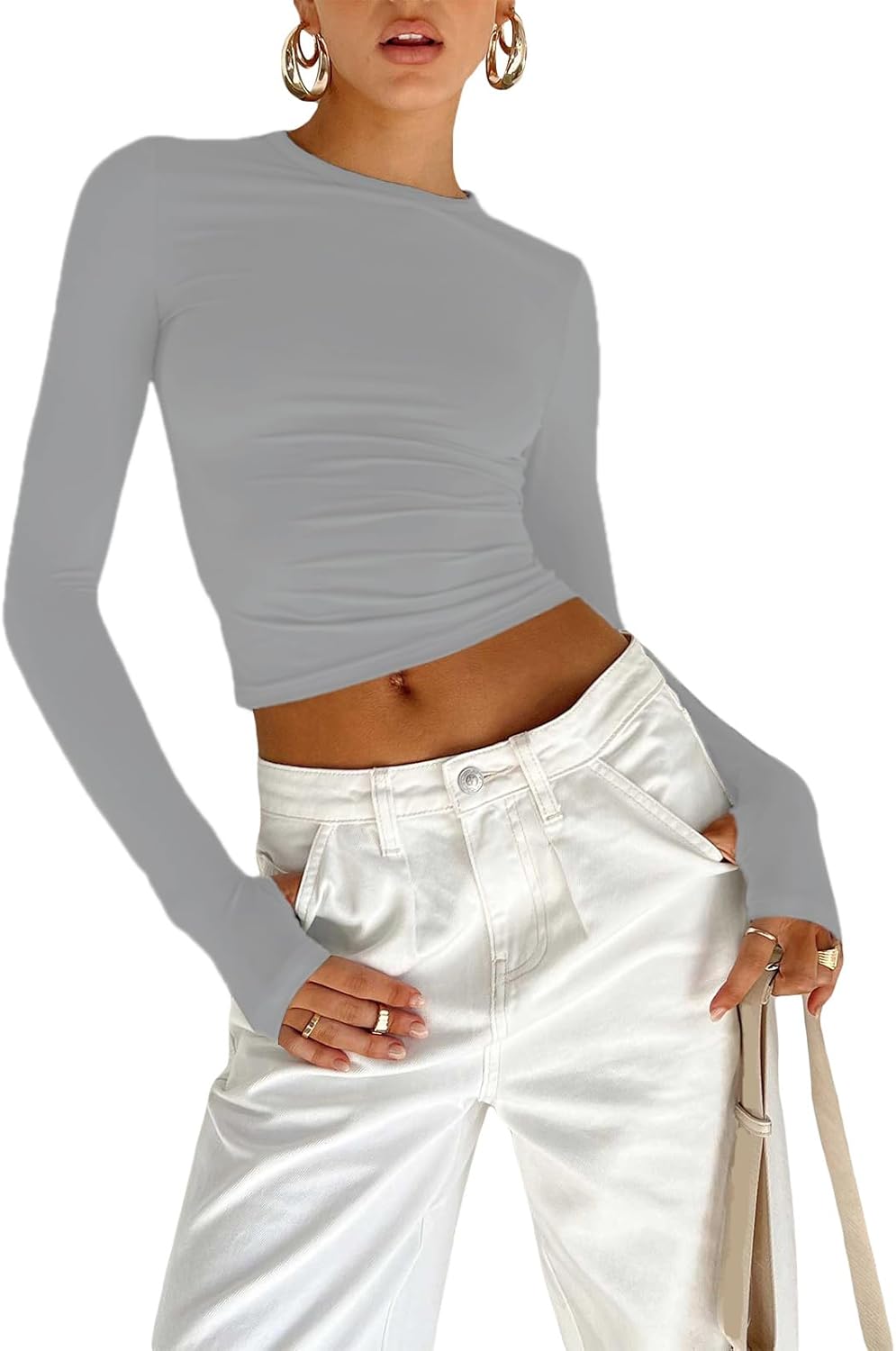 OYIGELZ Women's Basic Slim Fit Crop Tops Long Sleeve Shirt Solid Color Y2K T-Shi...