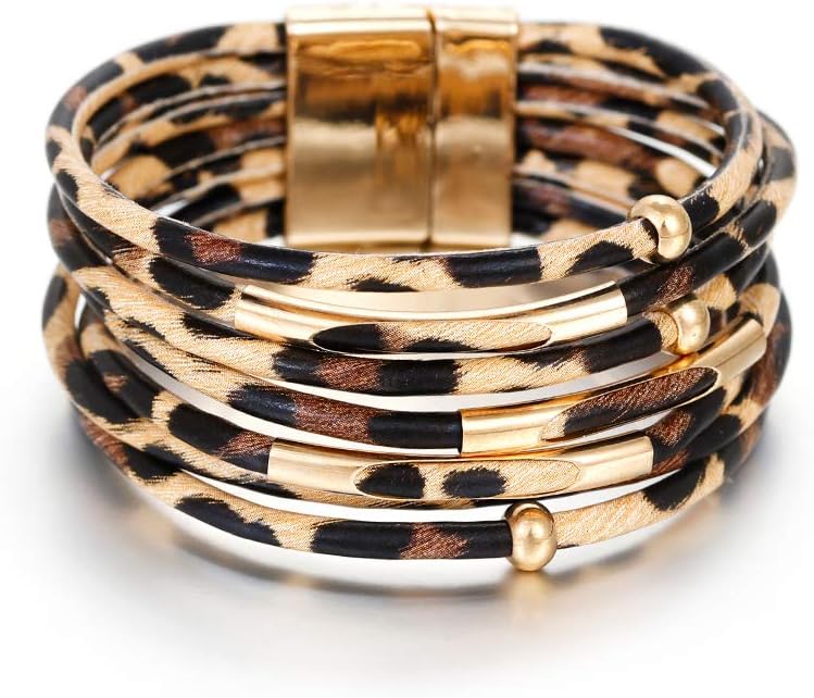 Fesciory Leather Wrap Bracelets for Women, Boho Leopard Multi-Layer Crystal Bead...