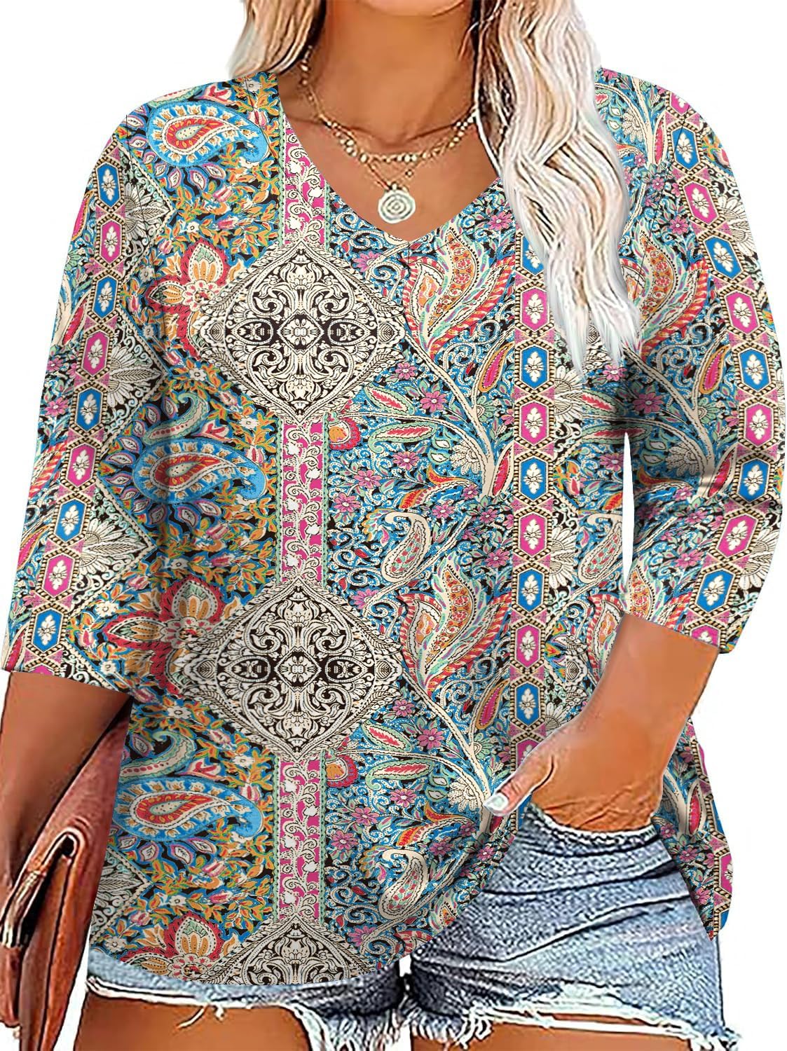 TFSDOD Womens Plus Size Tops V Neck T Shirts 3/4 Sleeve Blouse Summer Casual Tee...