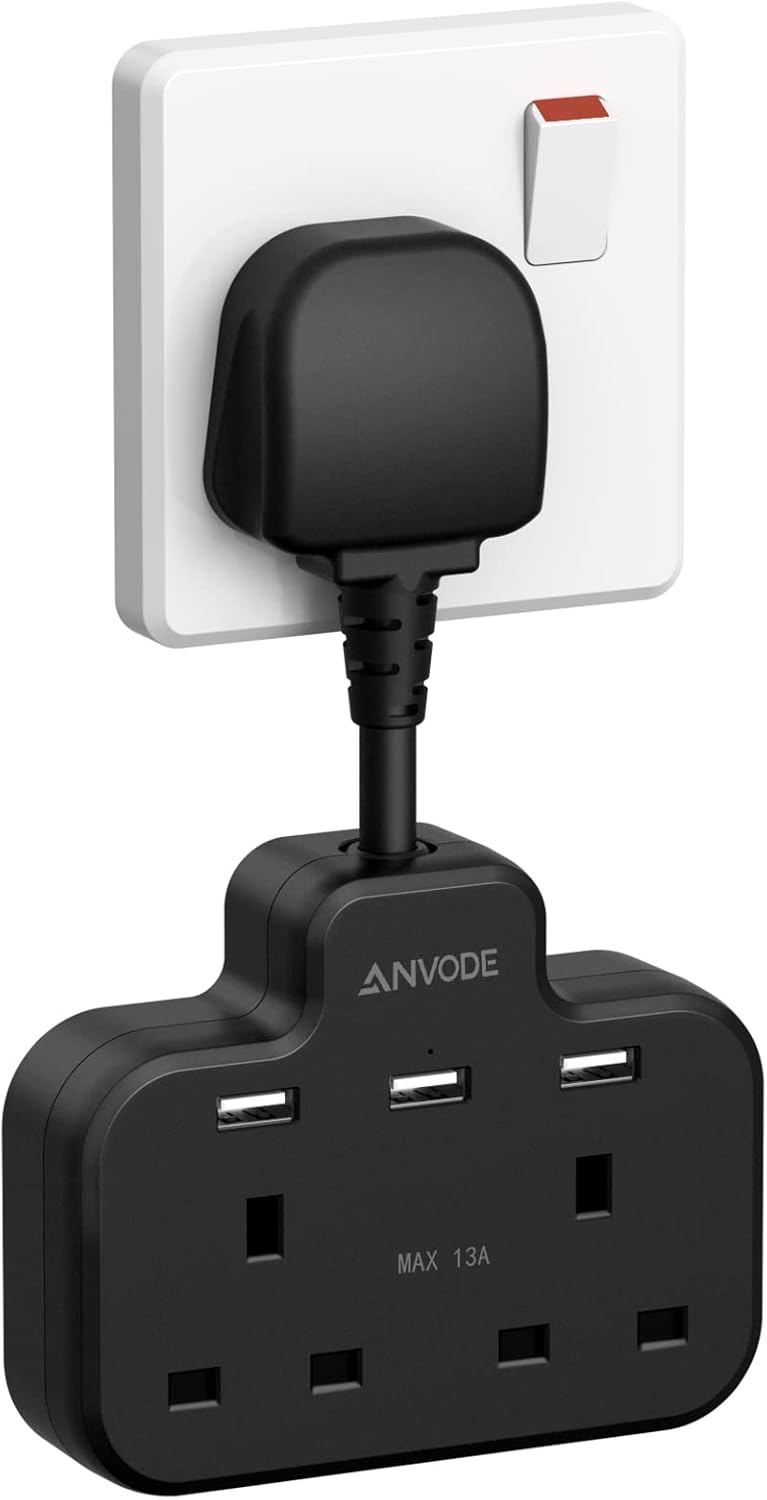 Multi Plug Extension Lead Short Cable with 3 USB Ports, ANVODE 2 Way Plug Adapto...