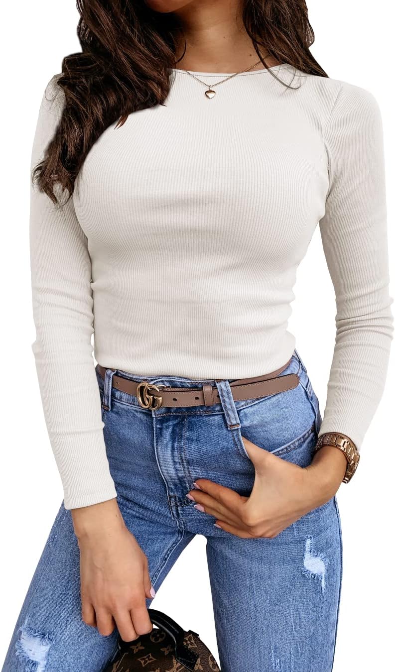 Lynwitkui Womens Long Sleeve Fitted Shirts Ribbed Knit Slim Tight Fit Basic Tees...