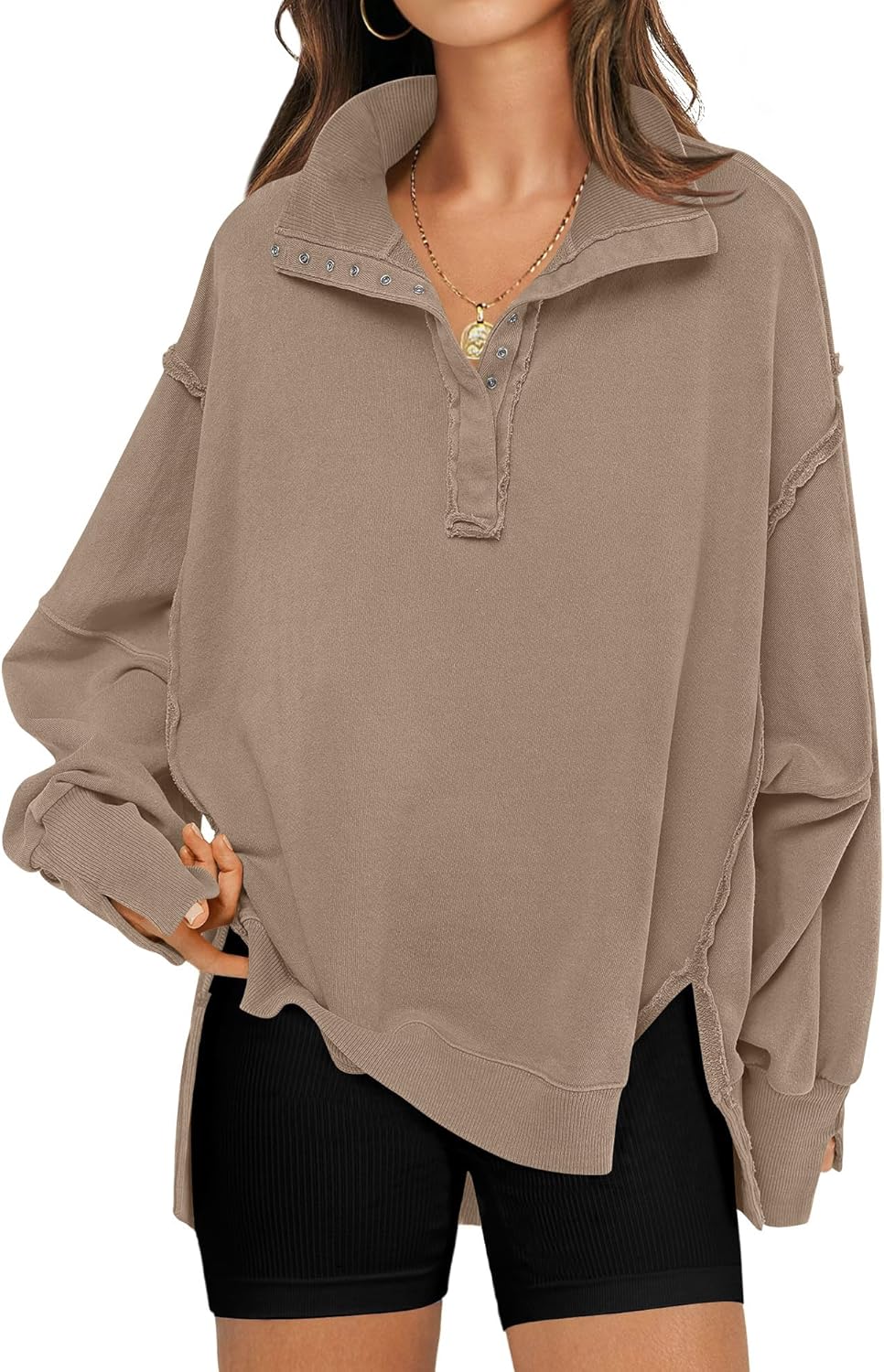 RUBZOOF Oversized Sweatshirt for Women Trendy Button Henley Neck Pullover Long S...
