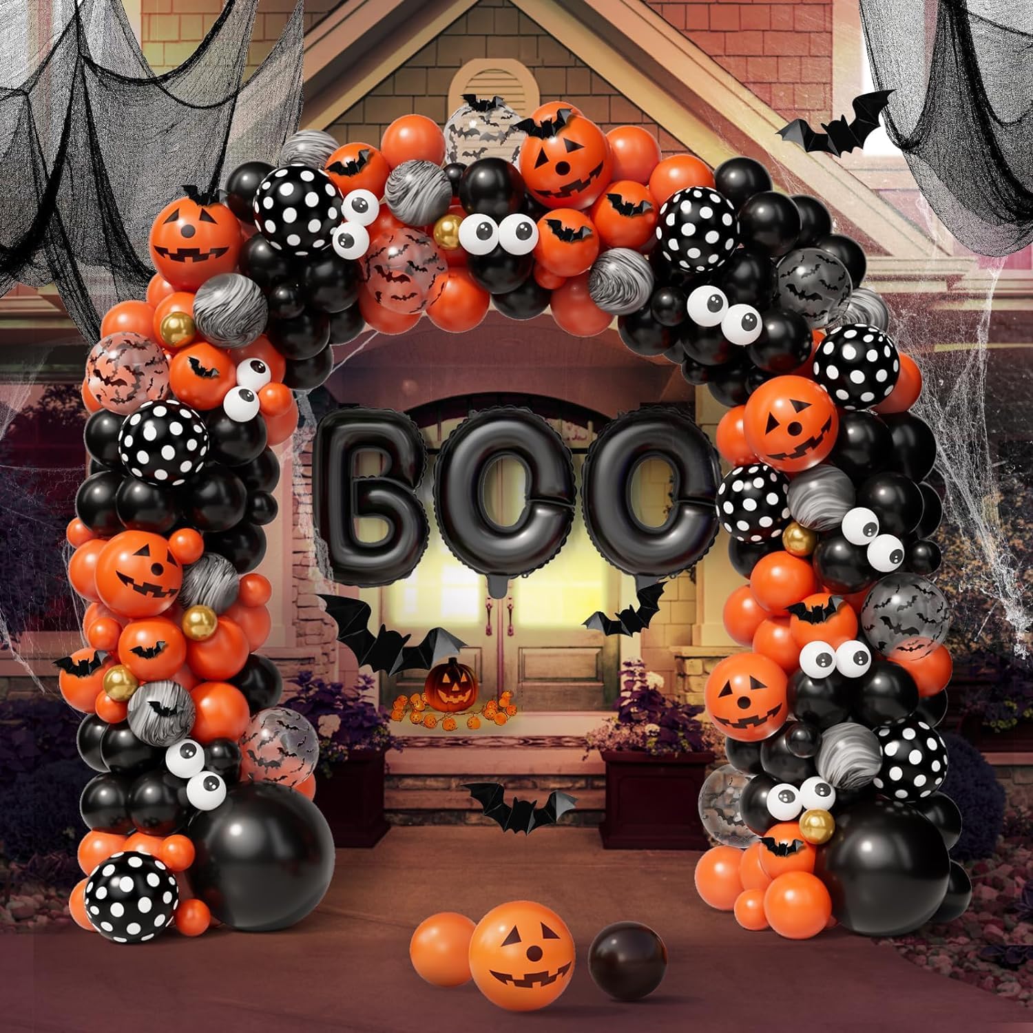 Halloween Balloon Garland Arch Kit, Black Orange Gold Eyes Balloons Halloween Ba...