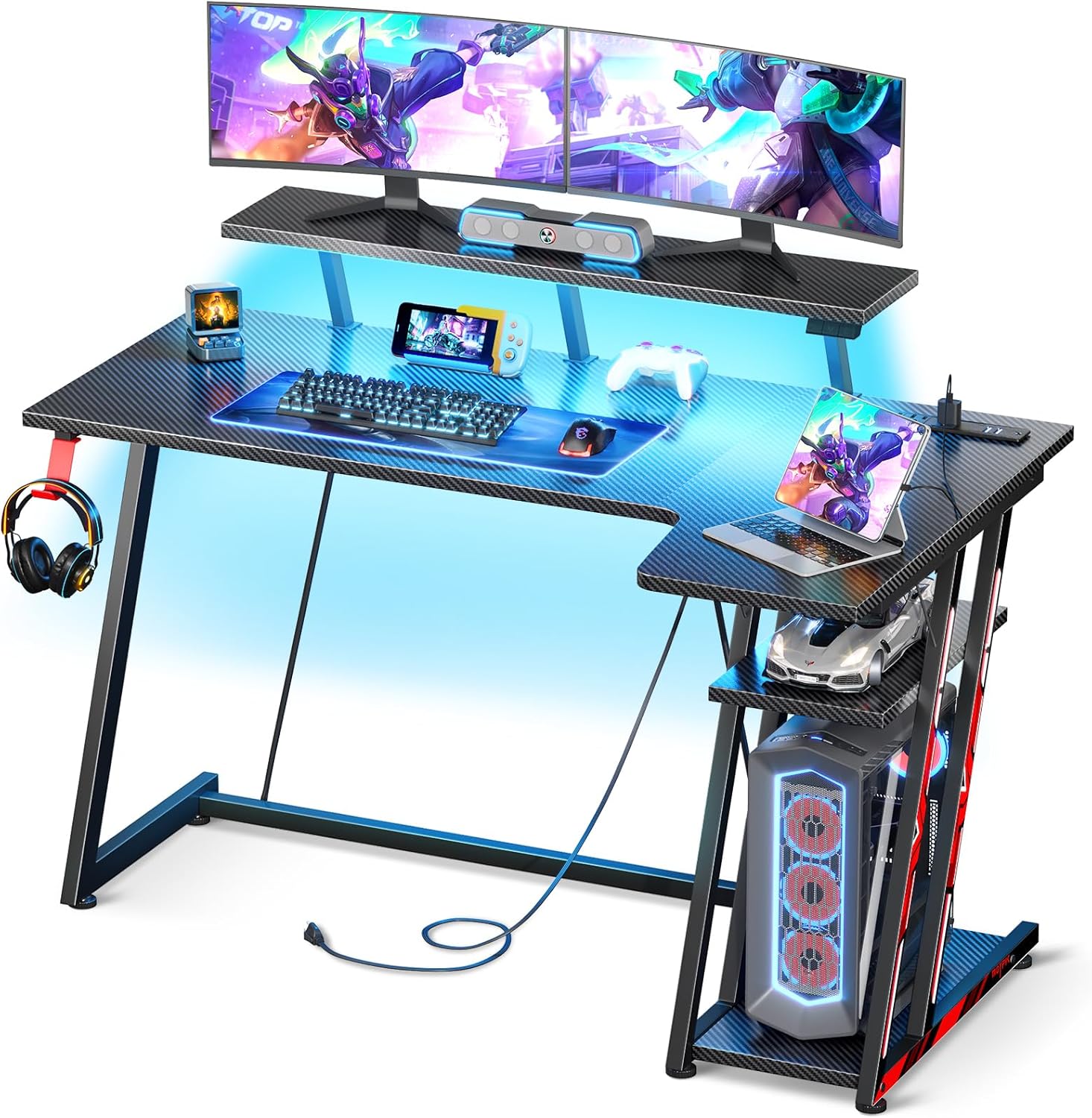 MOTPK Gaming Desk with LED Lights & Power Outlets, 47 Inch L Shaped Gaming Compu...