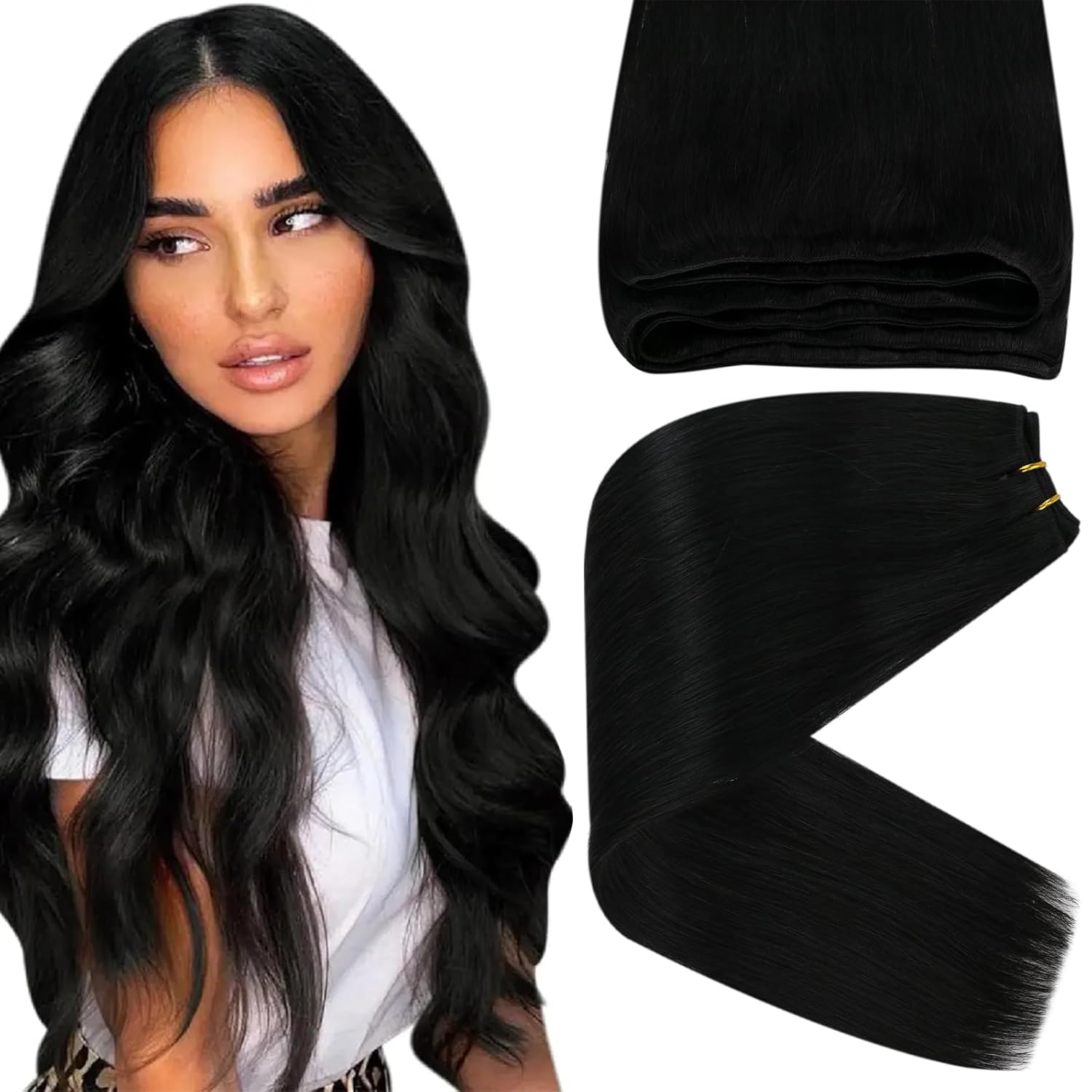Sunny Sew in Hair Extensions Real Human Hair 22 Inch Jet Black Hair Wefts Human...