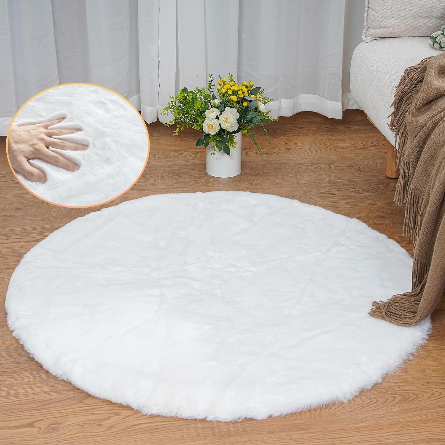 White Faux Rabbit Washable Fur Area Rugs Circle Rugs for Living Room Bedroom Tee...