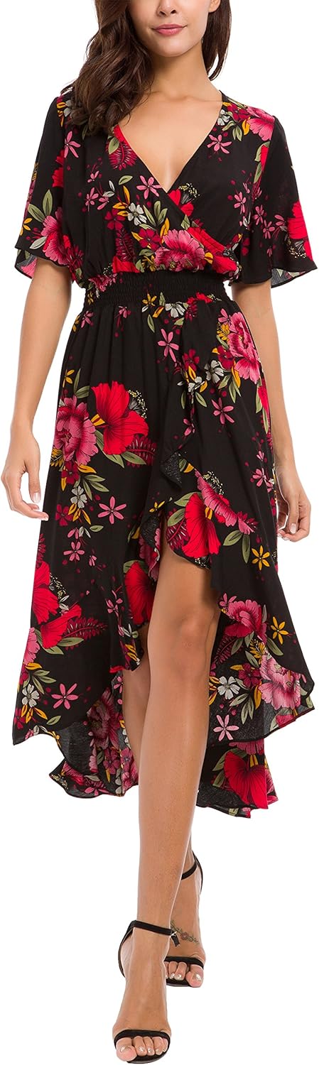 Kormei Womens Short Sleeve Floral High Low V-Neck Flowy Party Long Maxi Dress Me...
