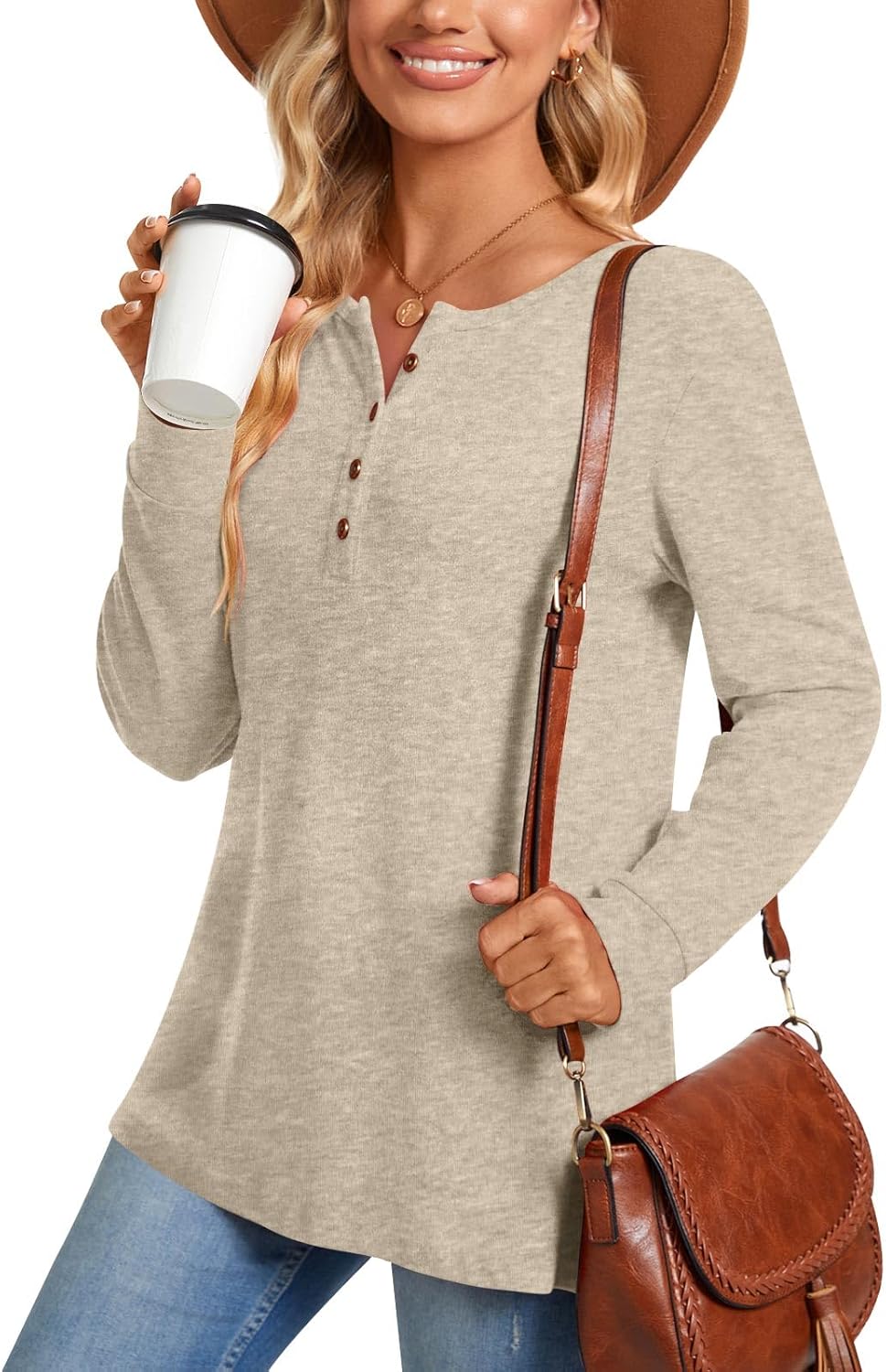 Aodemo Women's Henley Tops, Special Long Sleeve Button Up Tunic, Innovative Casu...