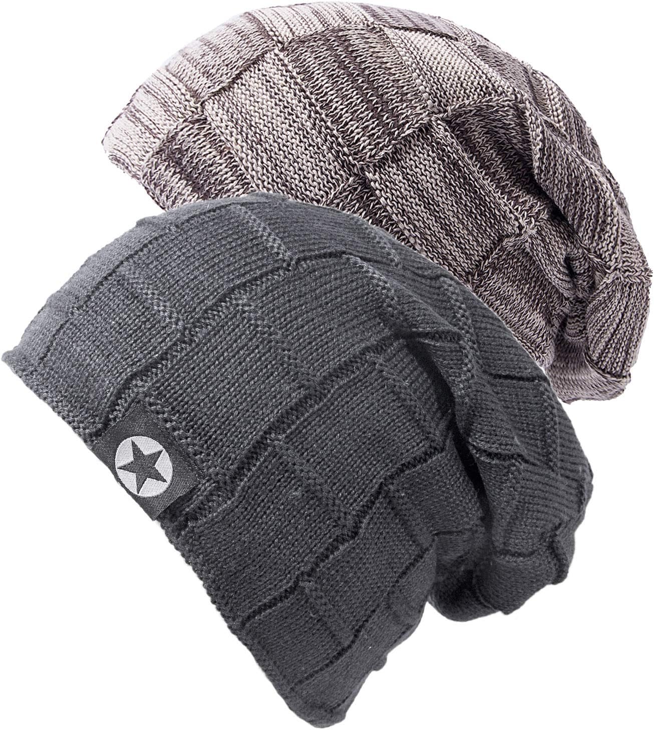 Chalier Cozy 2 Pack Mens Hats Slouch Beanie Hat Knitted Baggy Skull Cap Black Be...