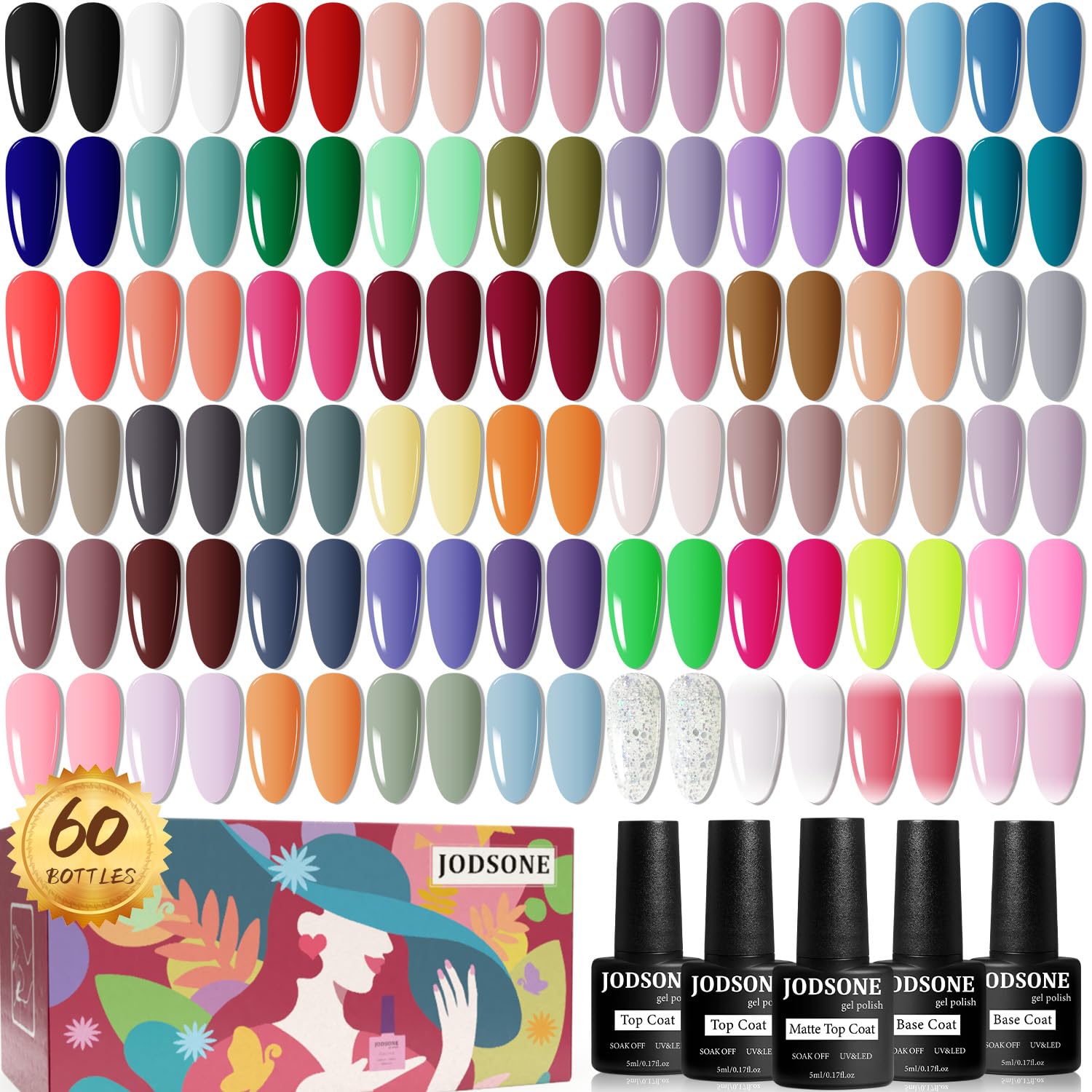 JODSONE 60 PCS Gel Nail Polish Set with 5 Bottles of Base and Glossy Matte Top C...