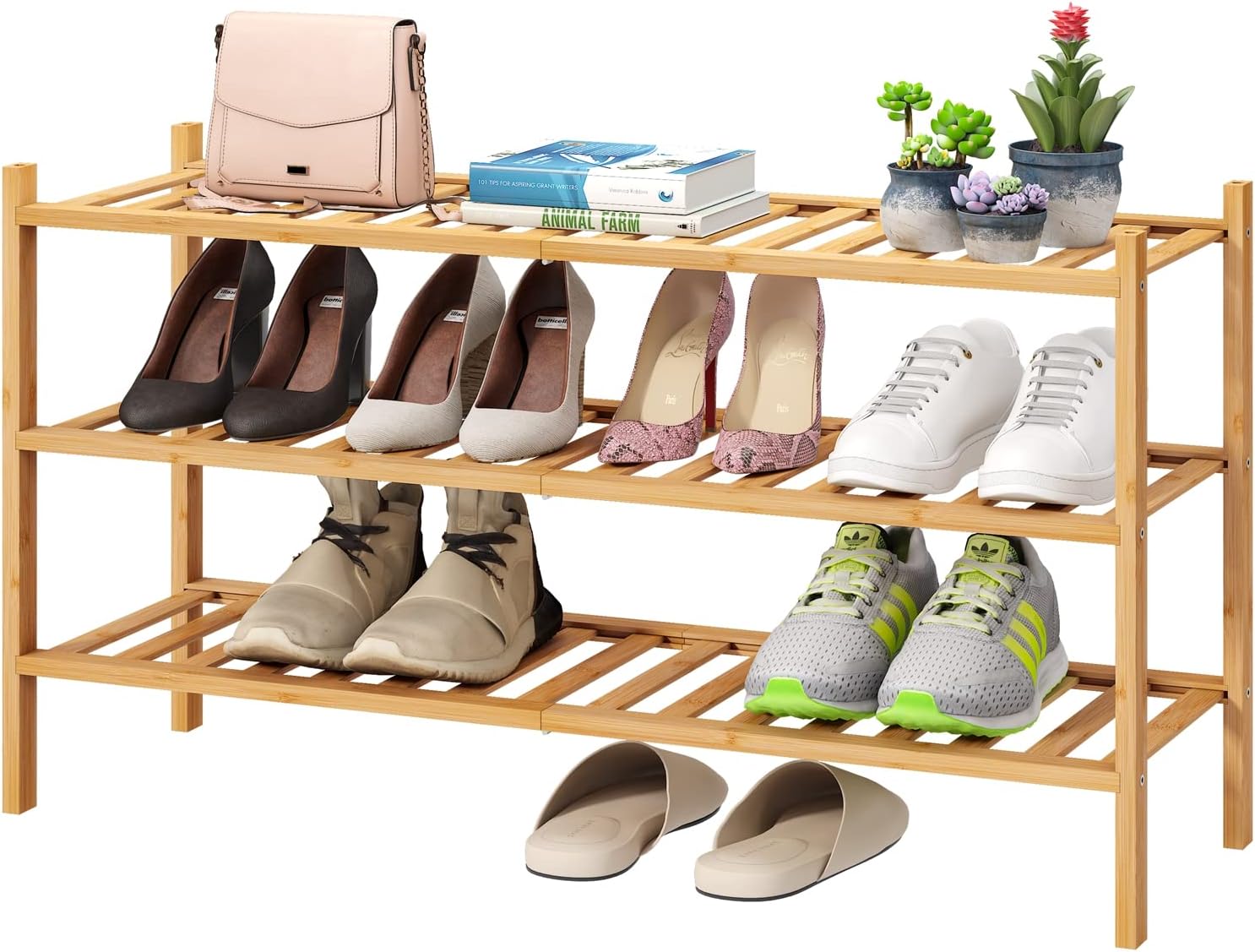 3-Tier Long Shoe Rack, Bamboo Wood Shoe Rack for Closet, Entryway & Hallway, Sta...