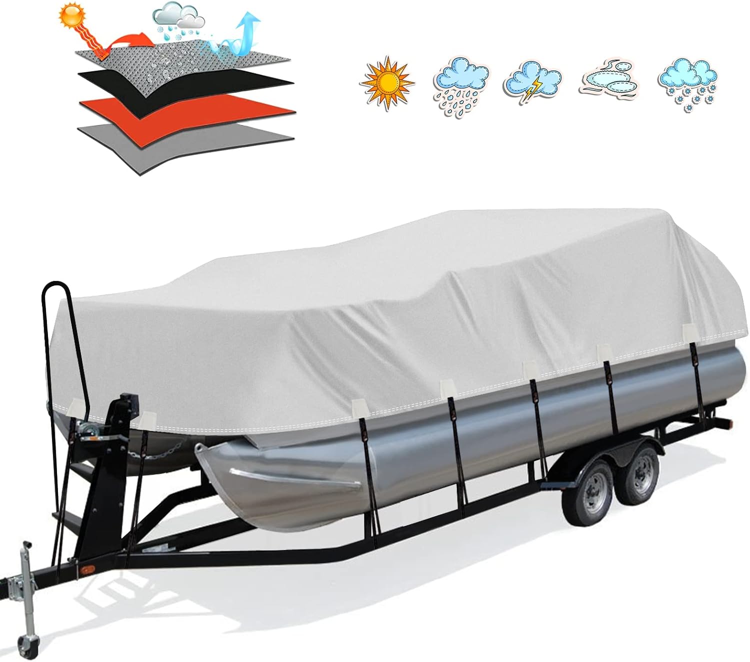 Solim Trailerable 1200D PU Heavy Duty Pontoon Boat Cover, 16-18ft Marine Grade W...