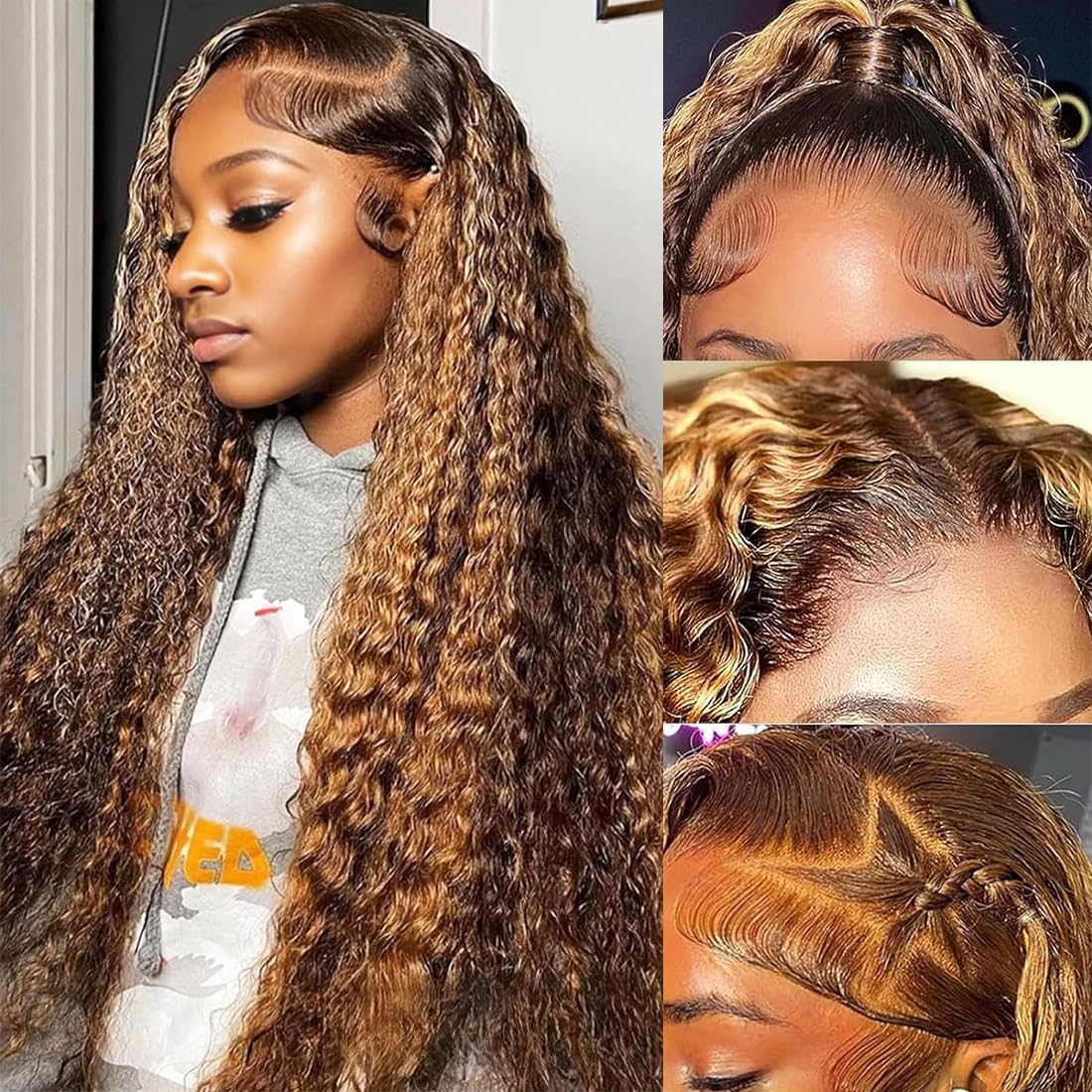 28 Inch 13x6 Highlight Ombre Lace Front Wigs Human Hair 200 Density 4/27 Deep Wa...