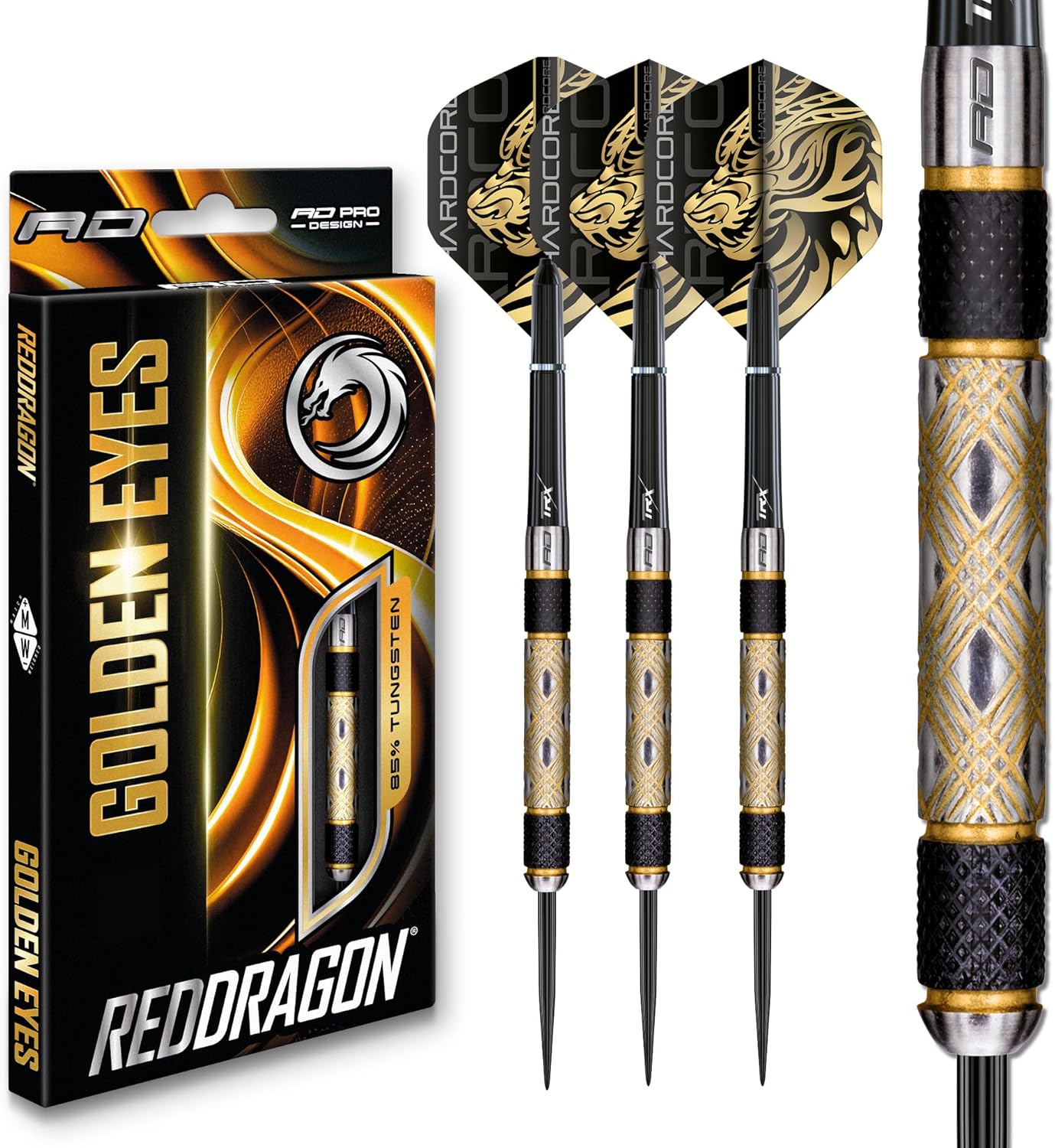 RED DRAGON Golden Eyes 22g, 24g, 26g, 28g, 30g or 32g Tungsten Darts Set with Fl...