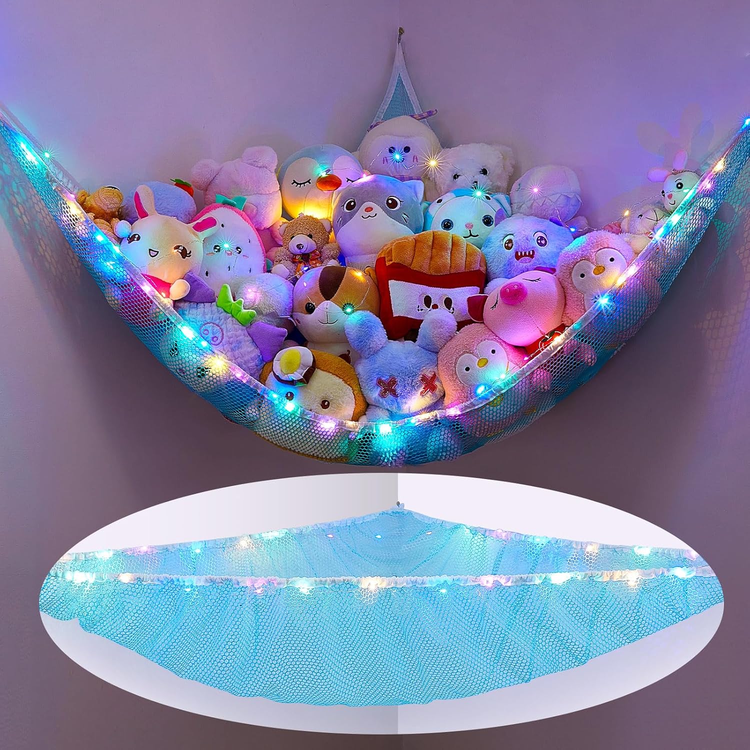 MHJY Toy Hammock for Stuffed Animals Soft Toy Storage Net with LED Light, Cuddly...