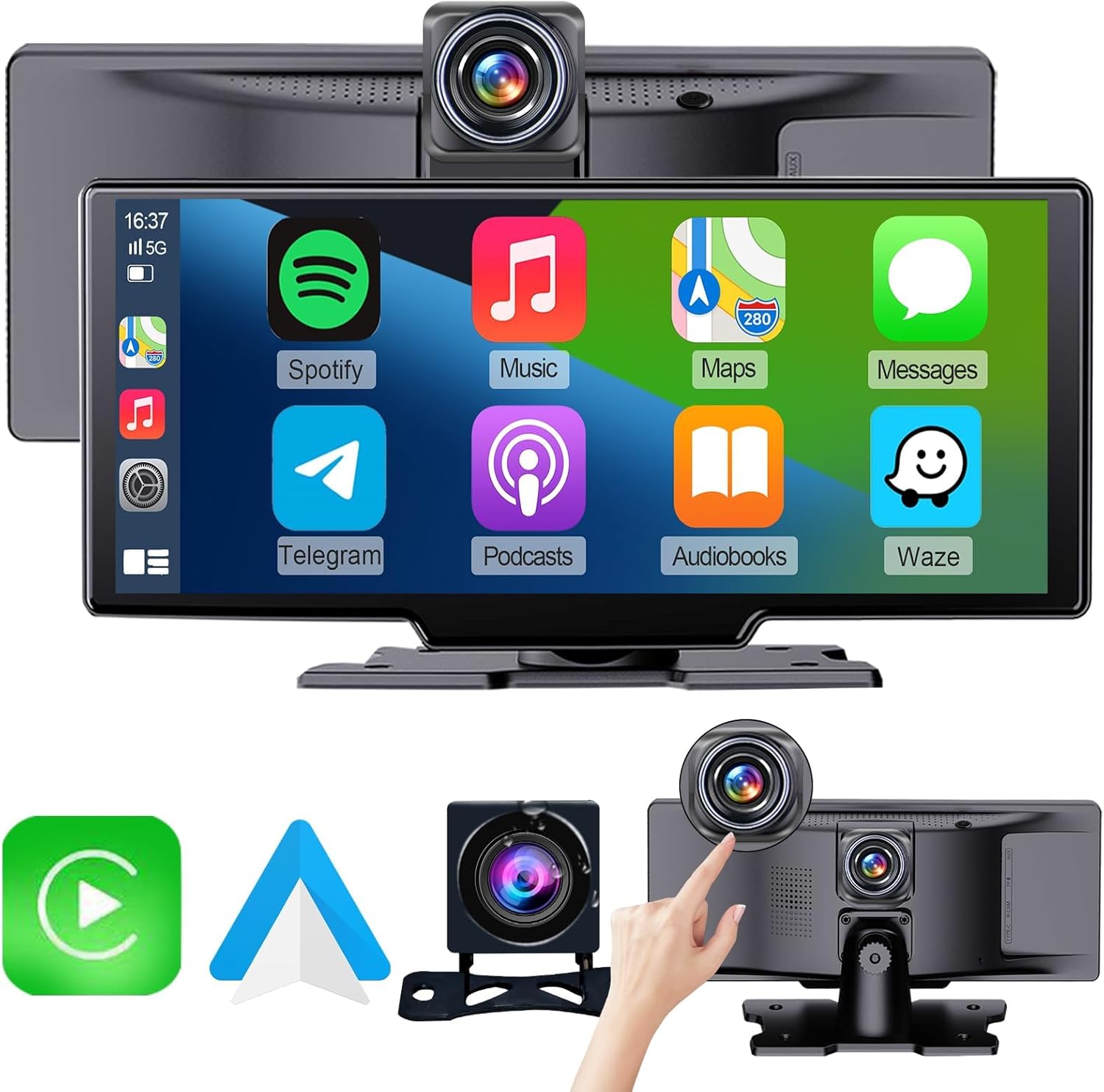 9 inch Wireless Apple CarPlay Screen for Car & 4K Dash Cam with Android Auto.Por...