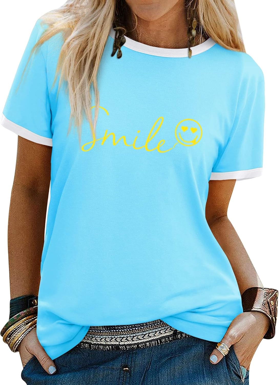 Dresswel Women Good Vibes T-Shirt Rainbow Graphic Print Tee Shirts Summer Tops S...