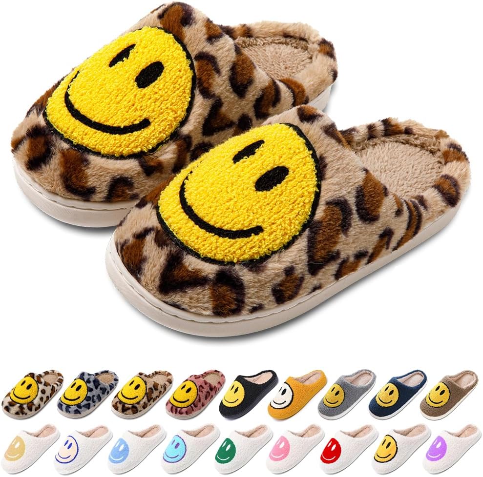 Women's Men's Retro Preppy Happy Face Slippers Comfy Warm Plush Slip-On House Sl...