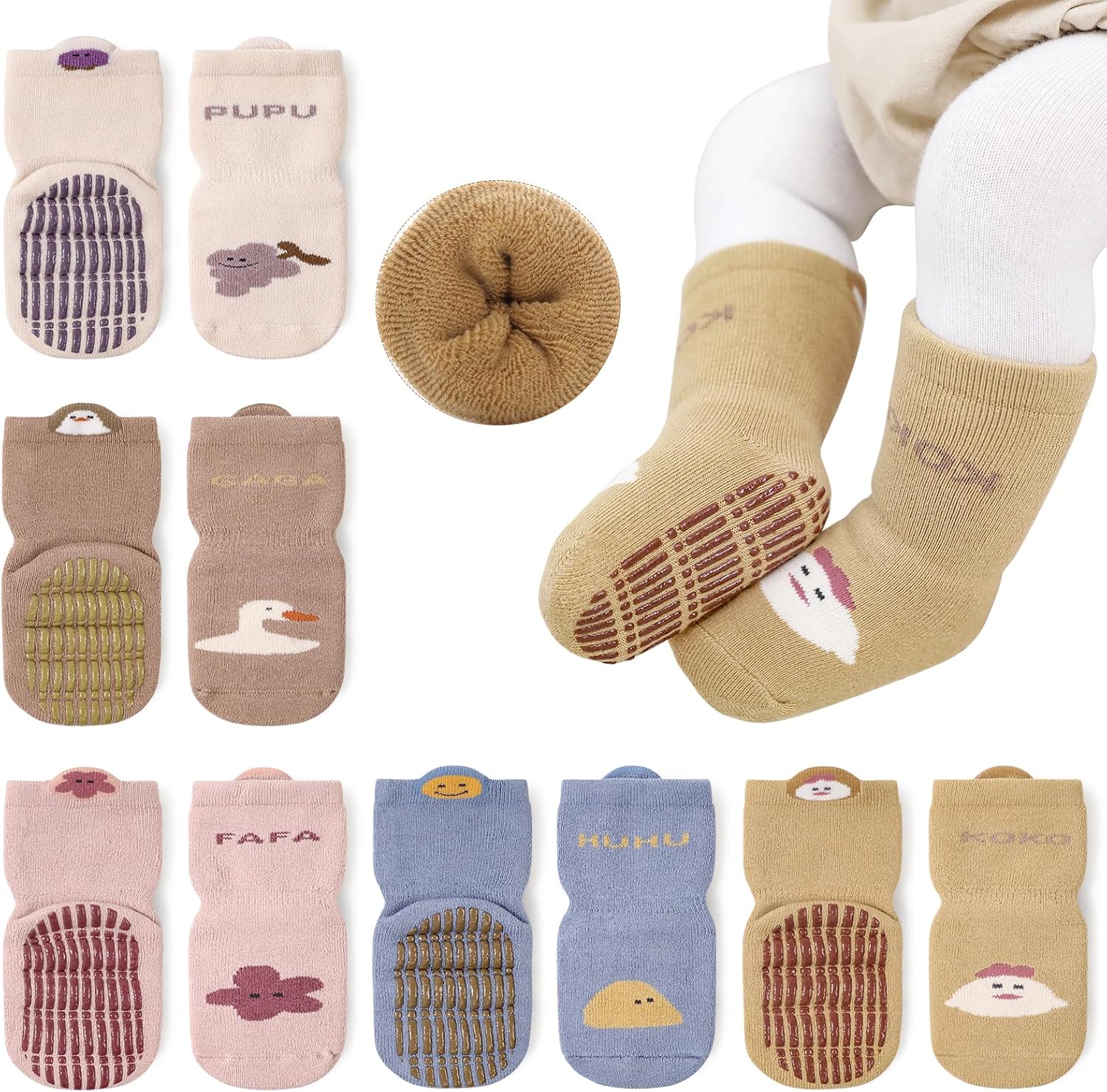 Auranso Baby Socks 5 Pairs Boys Winter Warm Terry Bottoms Non Slip Grip Socks Gi...