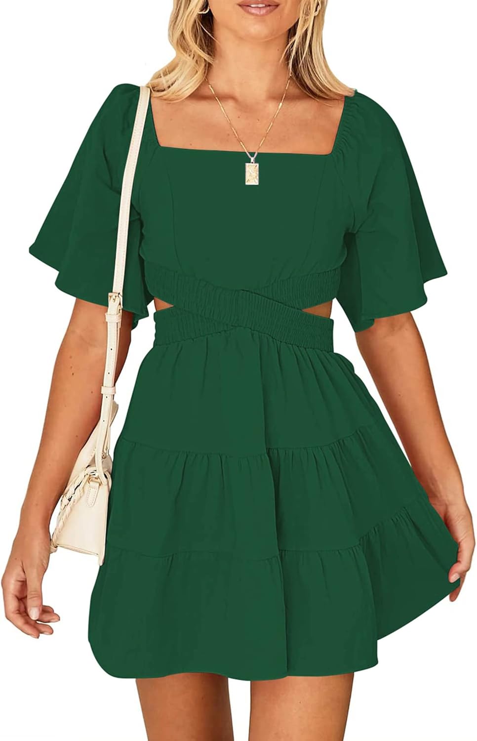 Women's Summer Dresses Square Neck Casual Short Sleeves Crossover Elastic Waist...