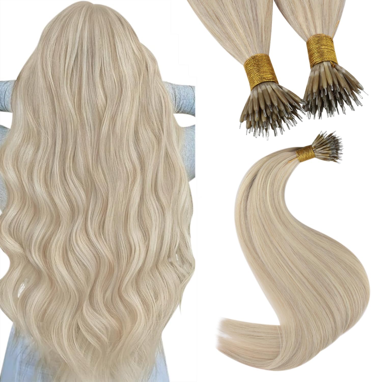 YoungSee Nano Hair Extensions Blonde Real Hair Nano Bead Human Hair Extensions W...