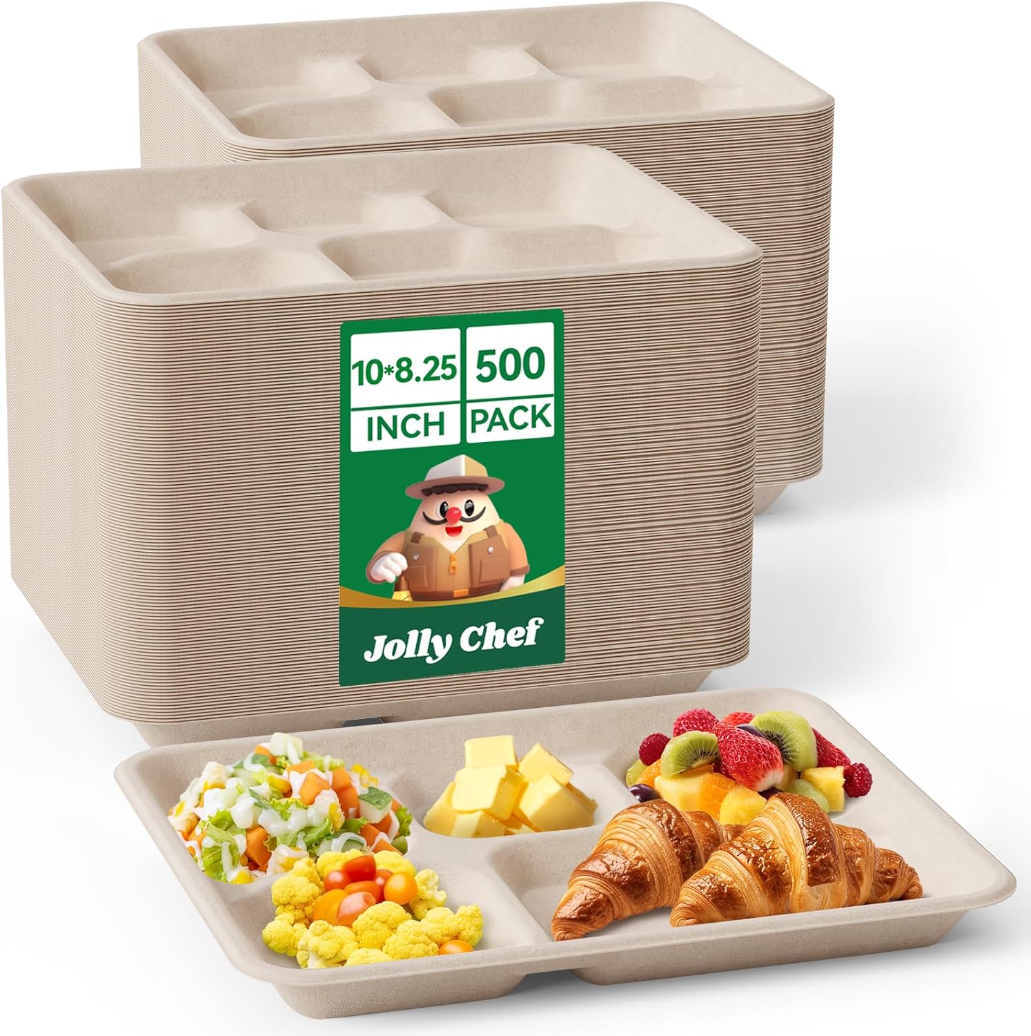 JOLLY CHEF Compostable 5 Compartment Paper Plates 10 * 8 inch [500 Pack] Heavy D...