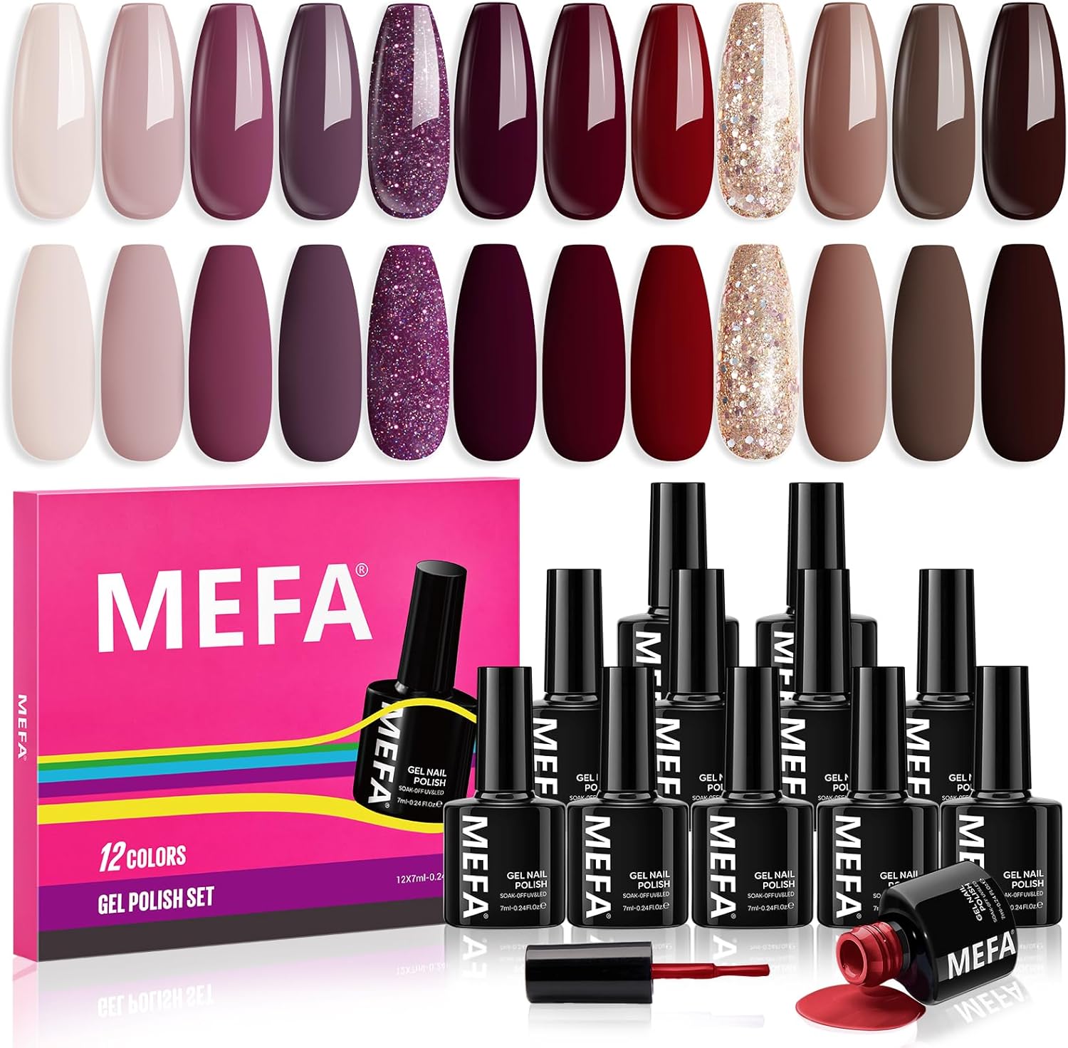 MEFA Red Gel Nail Polish Set, 12 Colors Red Gel Polish Set Nude Brown Gel Polish...
