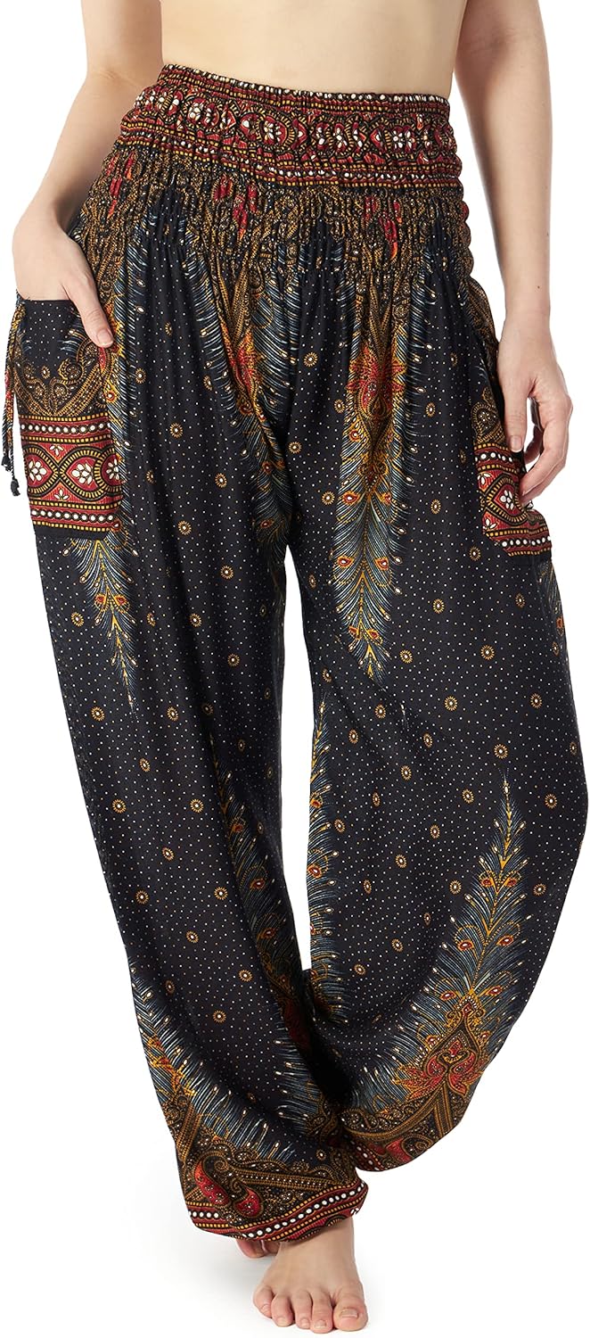 Lannaclothesdesign Women's Smocked Waist Boho Flowy Yoga Harem Pants Hippie Clot...