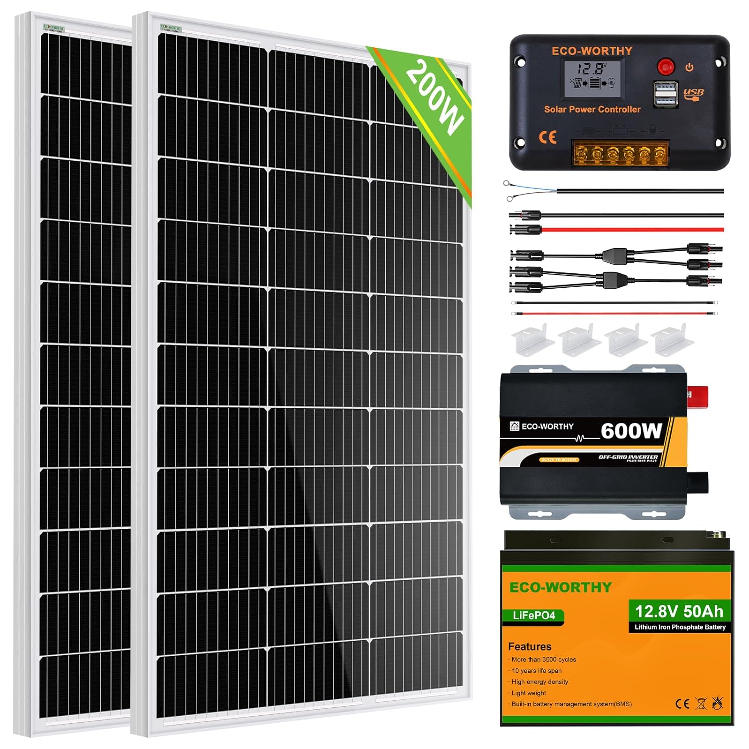 ECO-WORTHY 200 Watt 12V Complete Solar Panel Starter Kit for RV Off Grid with Ba...