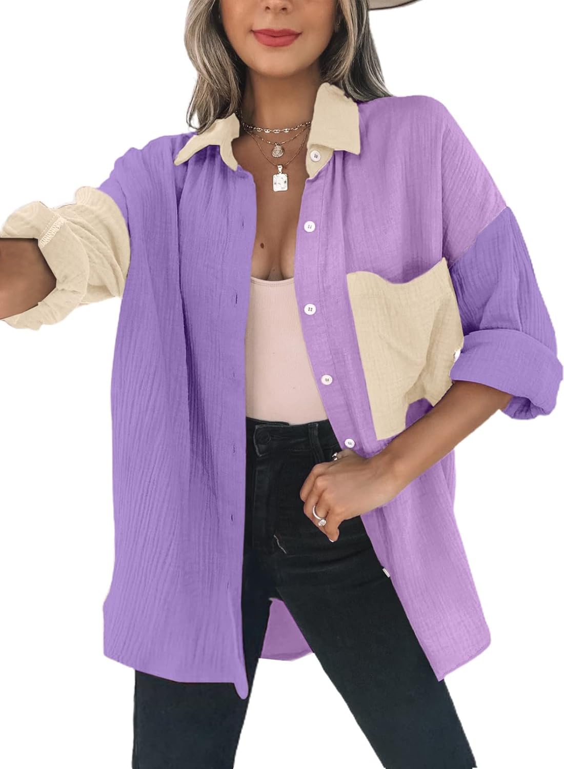 Dokotoo Womens Color Block Button Down Shirts Long Sleeve Oversized Boyfriend Bl...