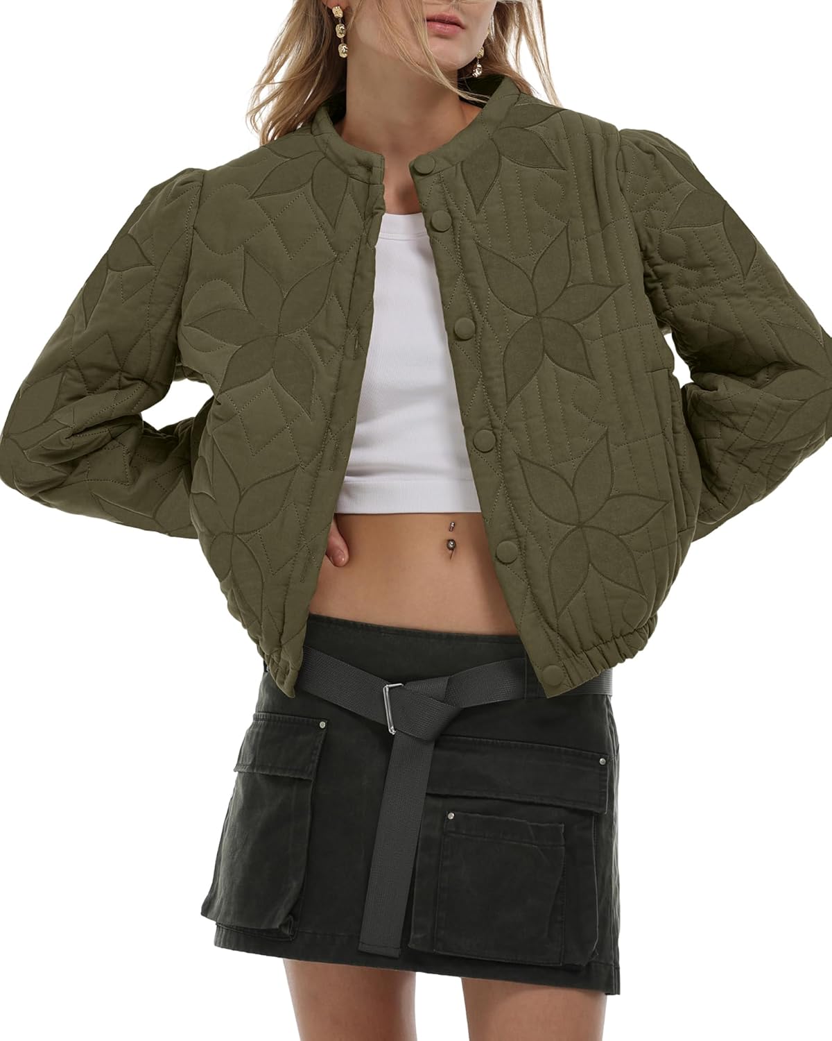 Locachy Women's Casual Cropped Puffer Jacket Lightweight Flower Embroidery Winte...