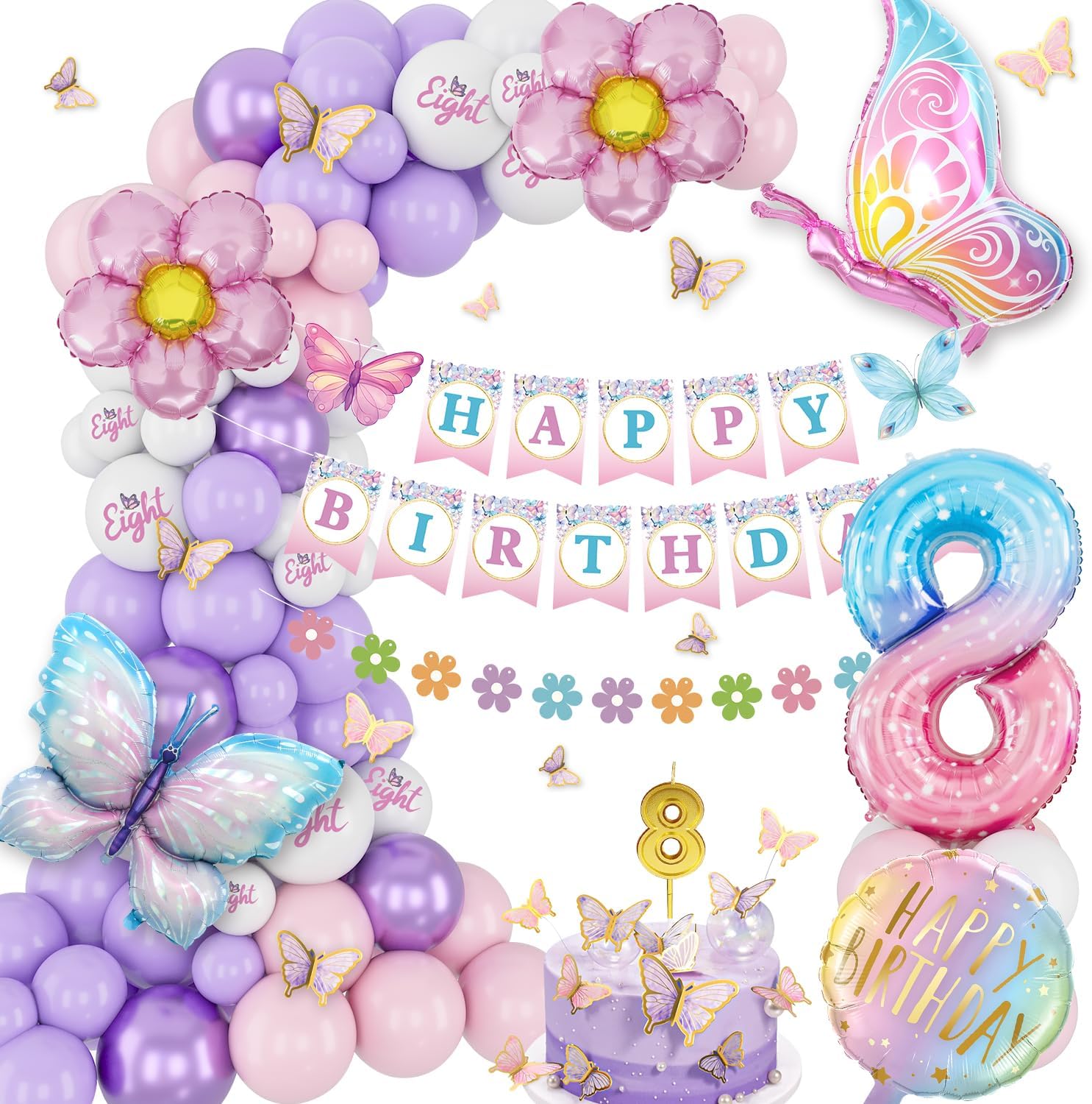 8th Birthday Decorations, Pink Purple Birthday Balloons, Butterfly Birthday Part...