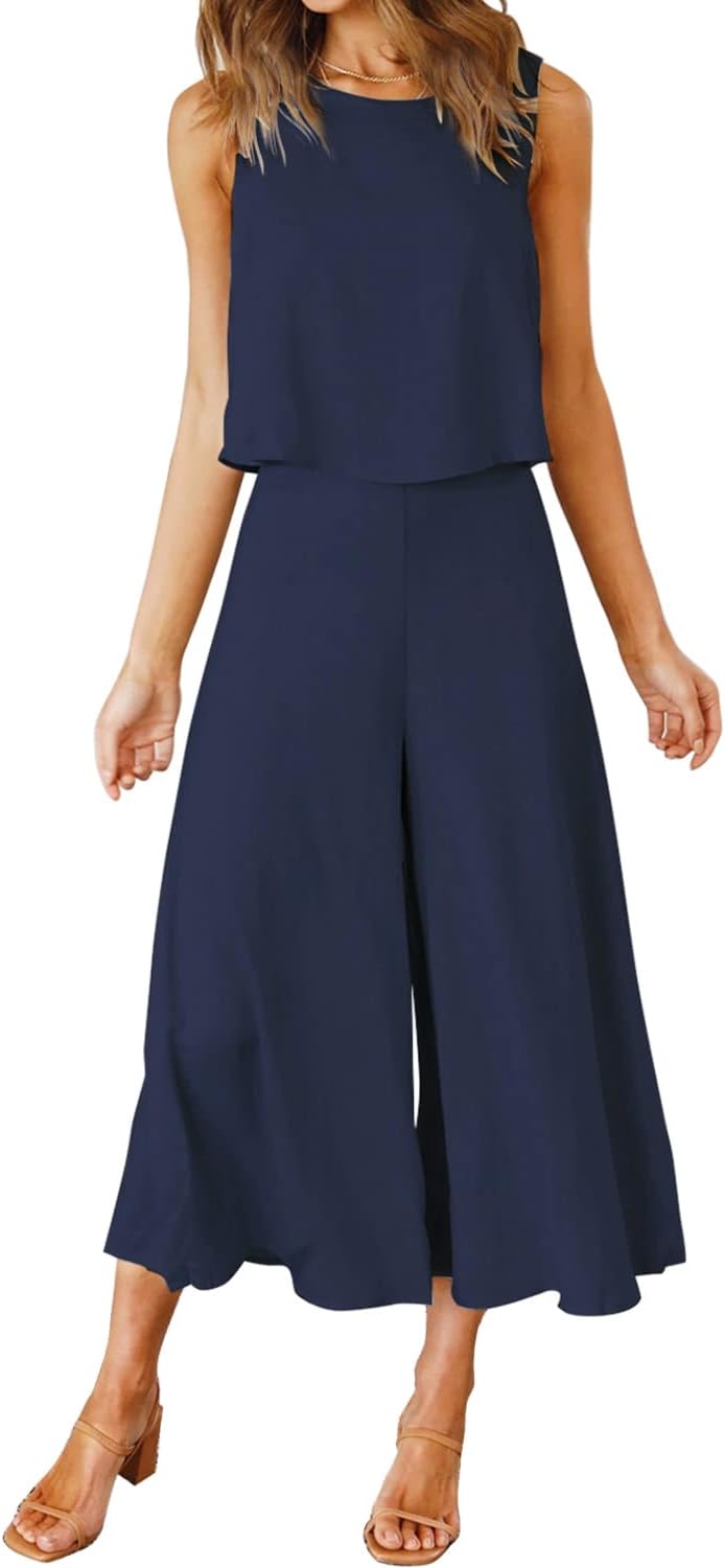 ROYLAMP Women's Summer 2 Piece Outfits Round Neck Crop Basic Top Cropped Wide Le...