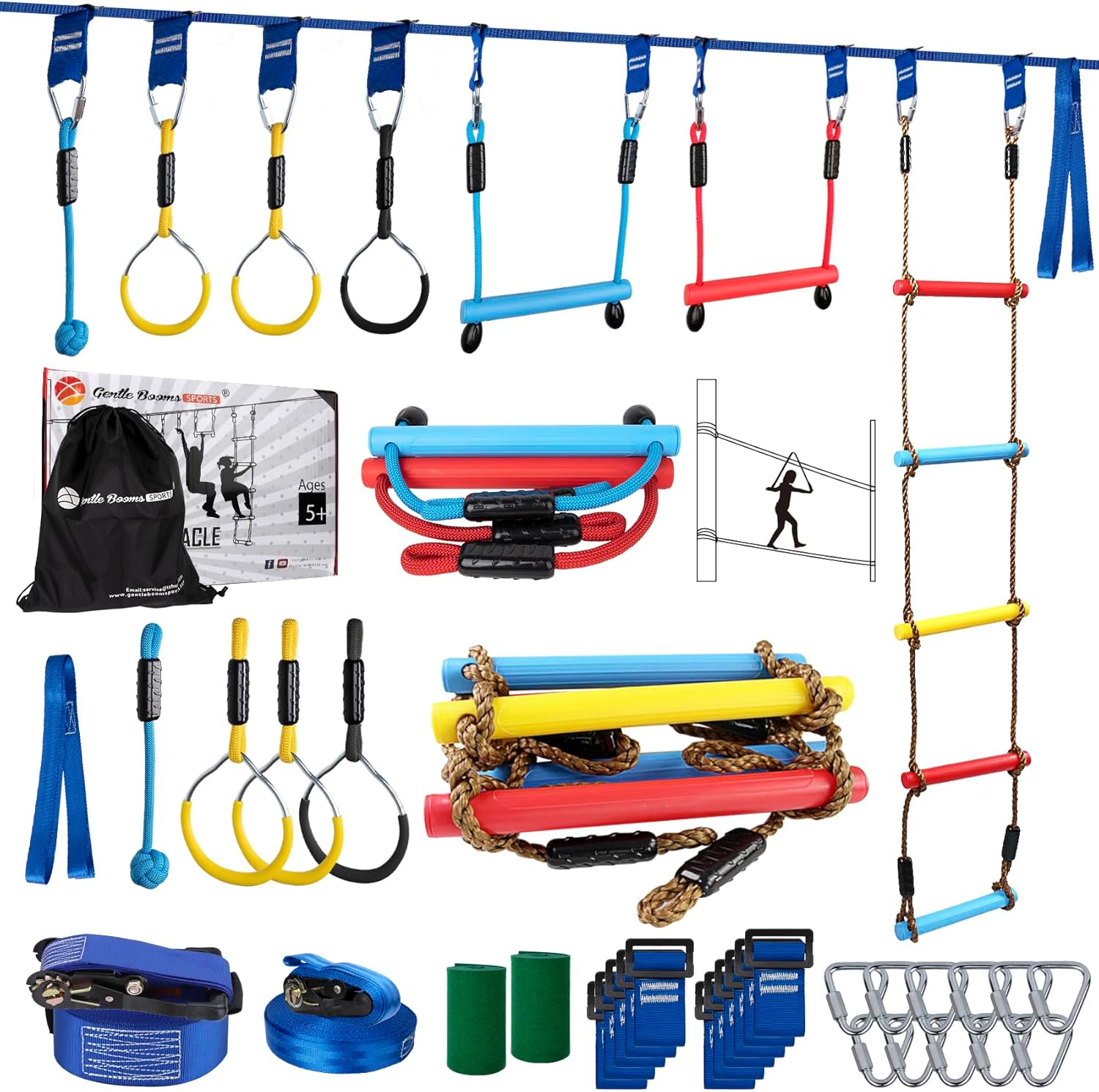 Ninja Warrior Obstacle Course for Kids, 2×56ft Slackline Kit with 8 Ninja Access...