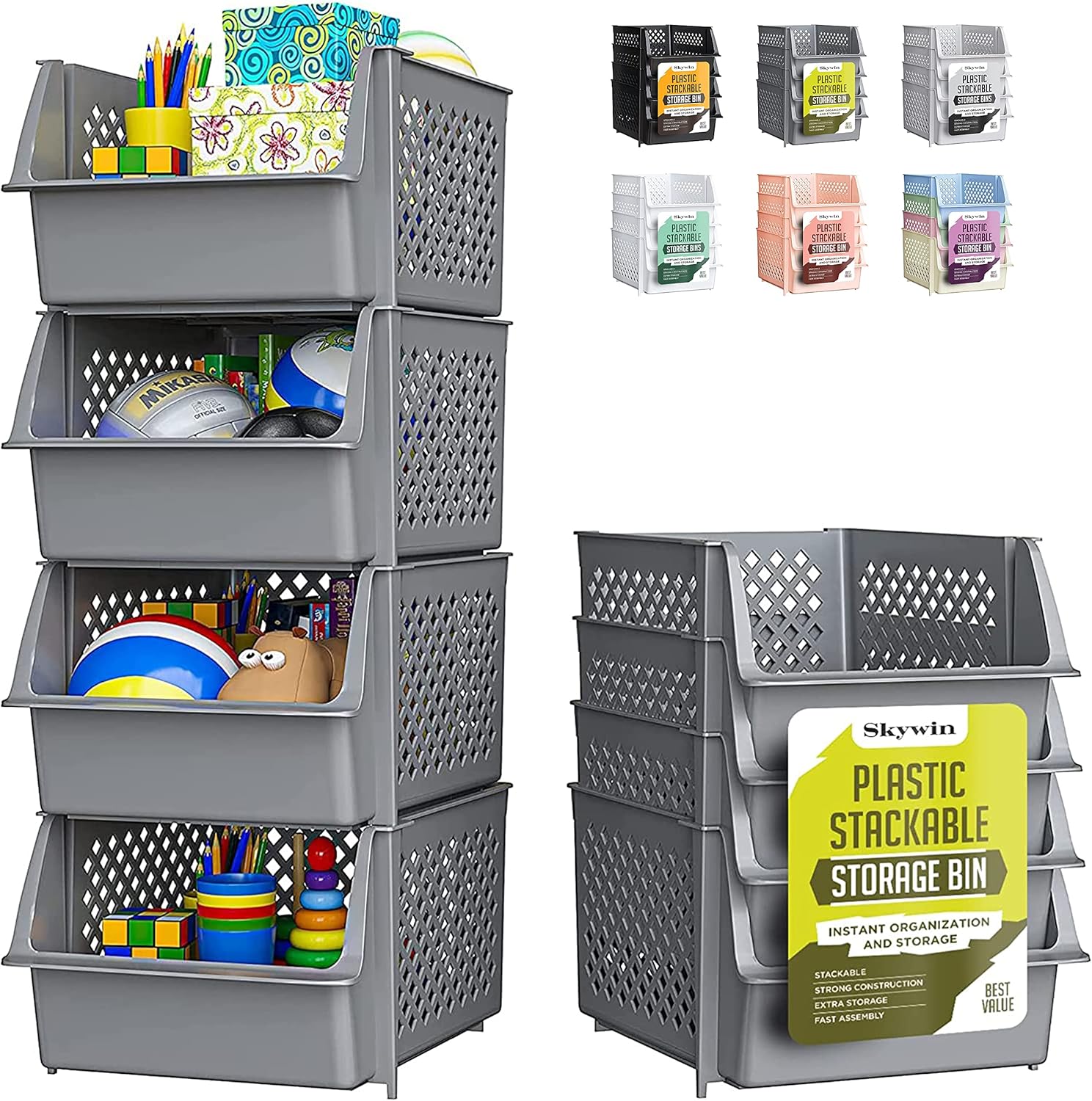 Skywin TidyFriend Stackable Storage Bins for Pantry - 4-Pack Stackable Bins For...