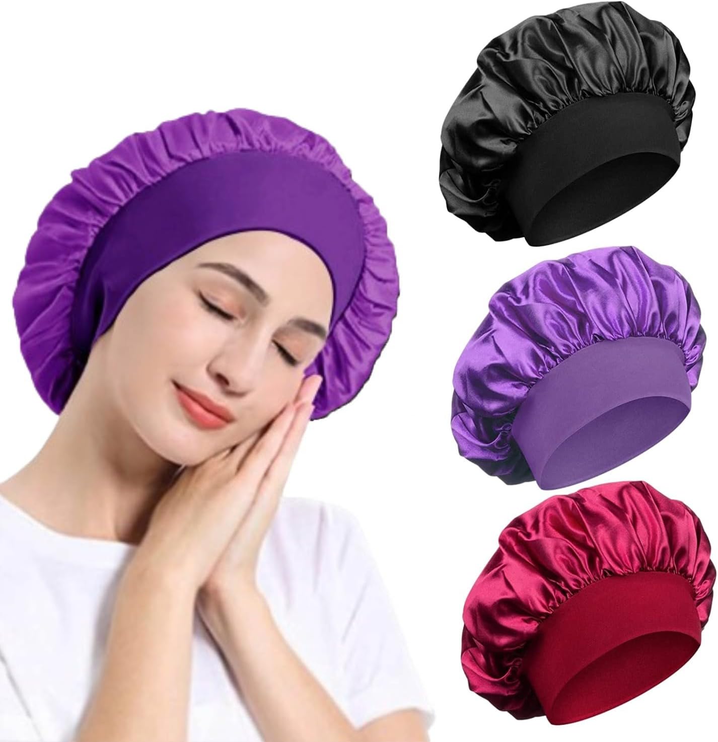 Satin Bonnet, Night Sleep Caps with Wide Elastic Band, Silk Wrap, Soft Head Cove...