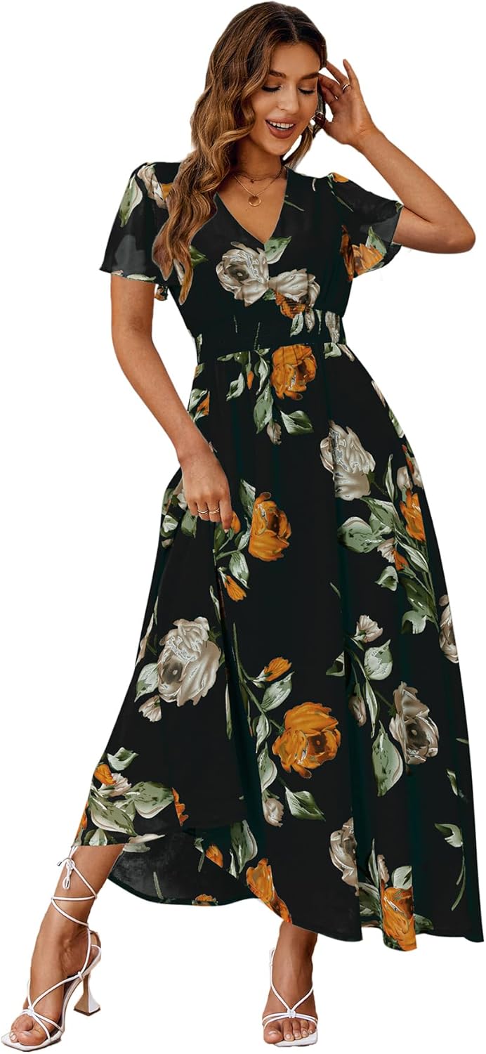 Simplee Women's Boho Floral Maxi Dress Flowy Casual V Neck Short Sleeve Wedding...