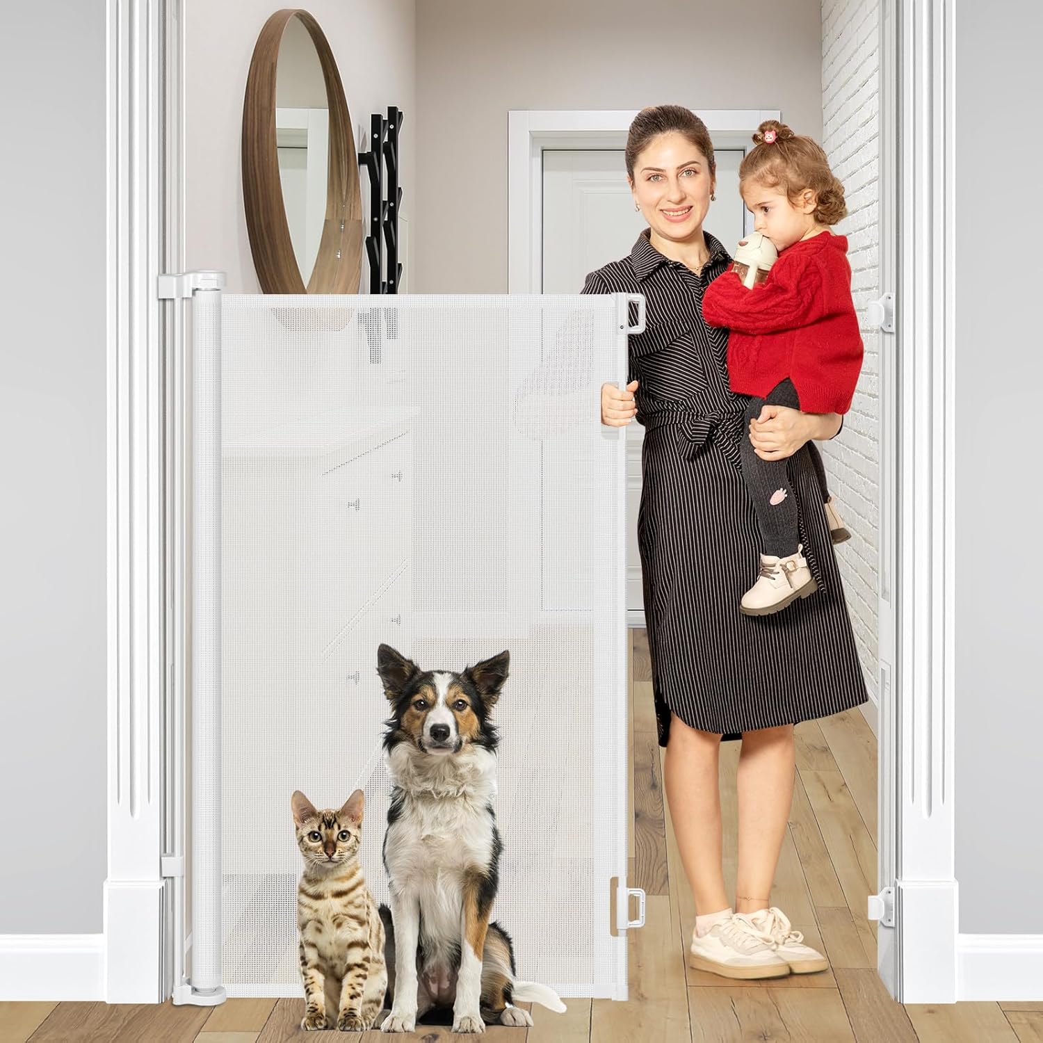 48 Inch Extra Tall Retractable Baby Gates, Extends to 55" Wide, Extra Tall Dog G...