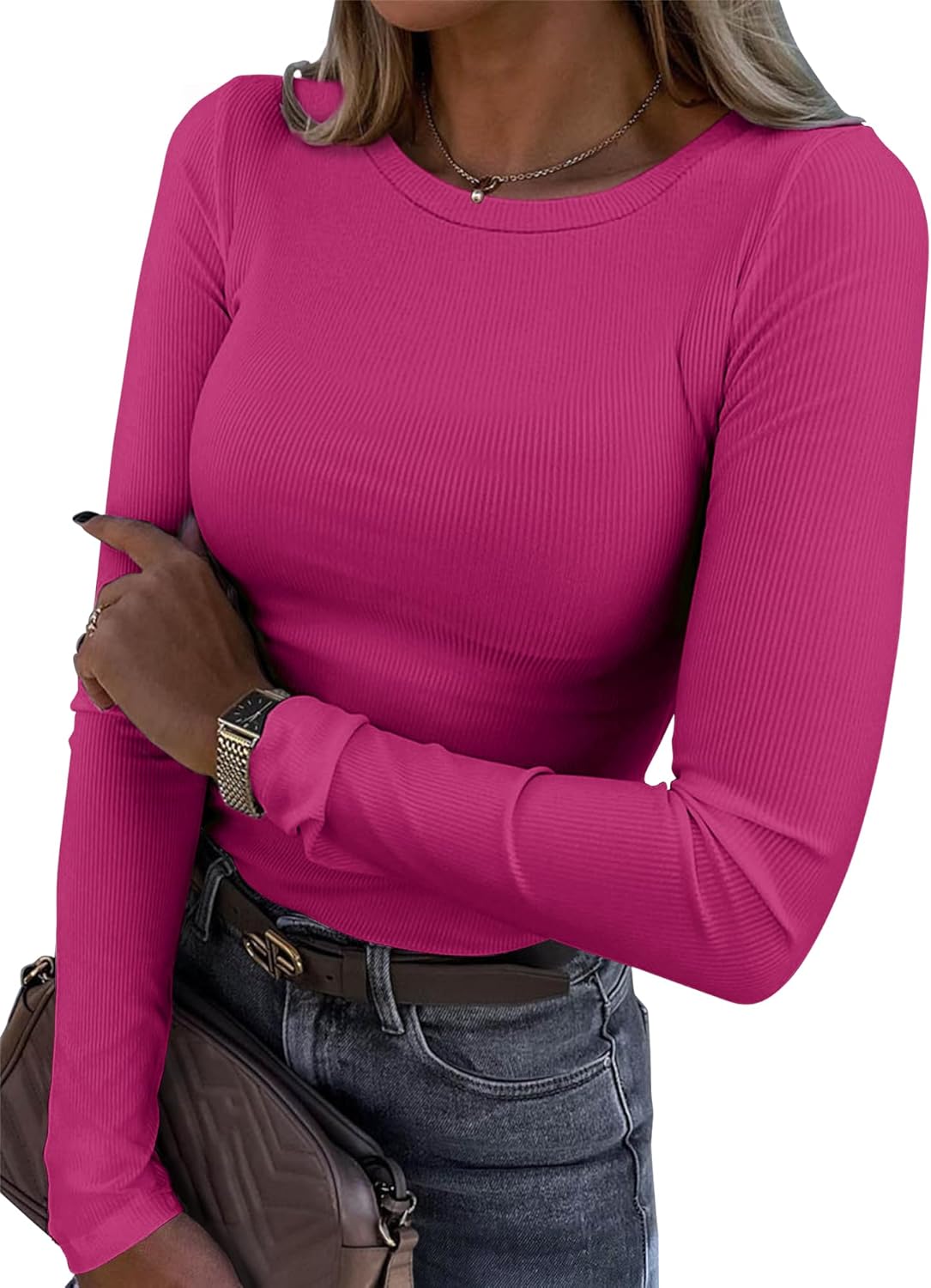 Roselux Womens Long Sleeve Stretch Crewneck Ribbed T-Shirt Fitted Casual Basic T...