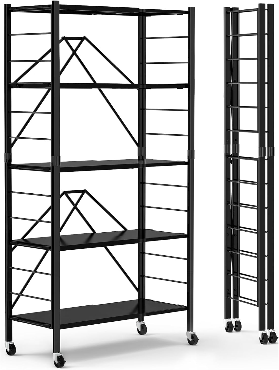 5 Tier Foldable Storage Shelves, Expandable Folding Shelving Units with Wheels,...