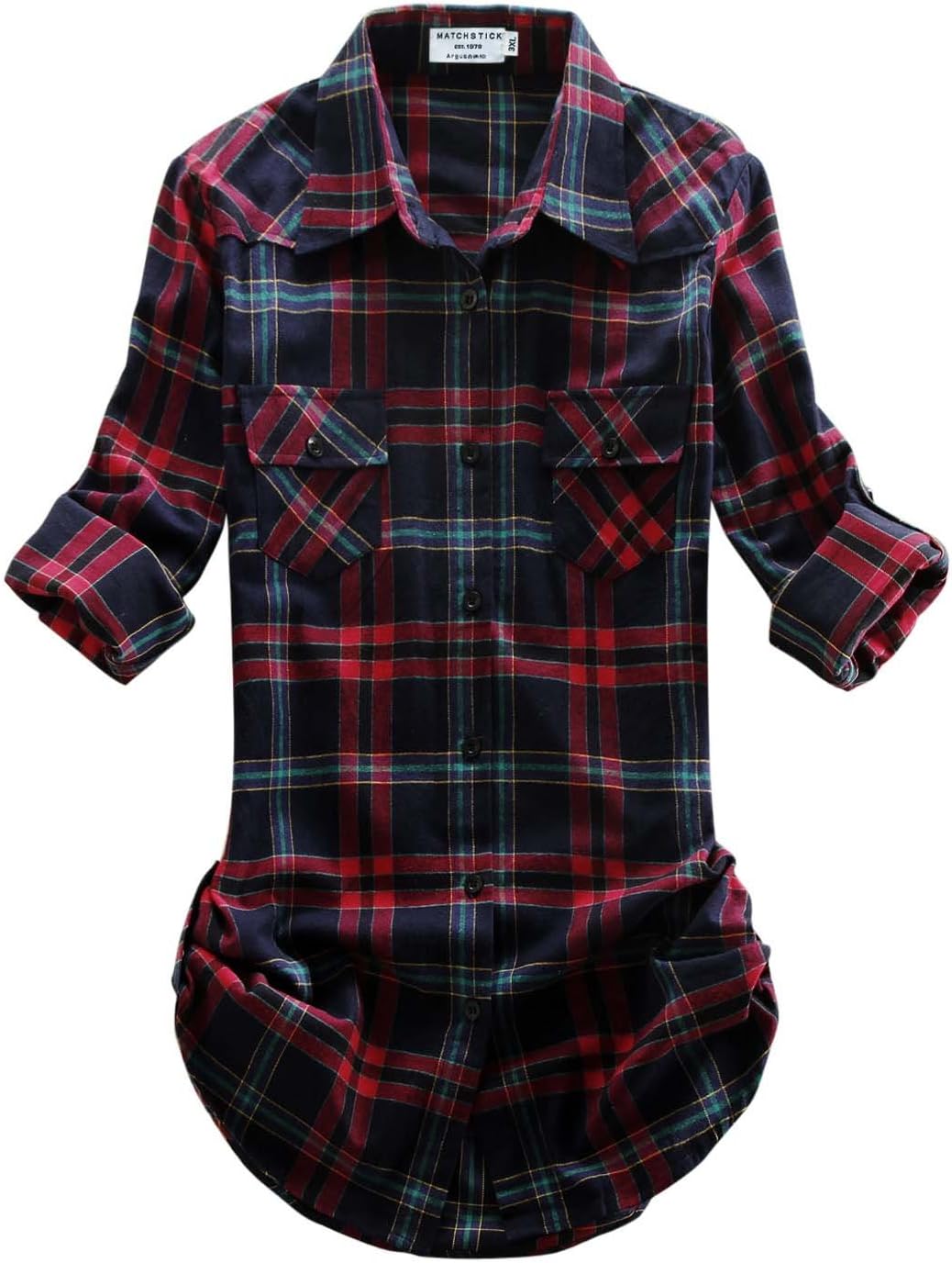 Match Womens Button Down Flannel Plaid Shirts roll up Long Sleeve Shackets Busin...