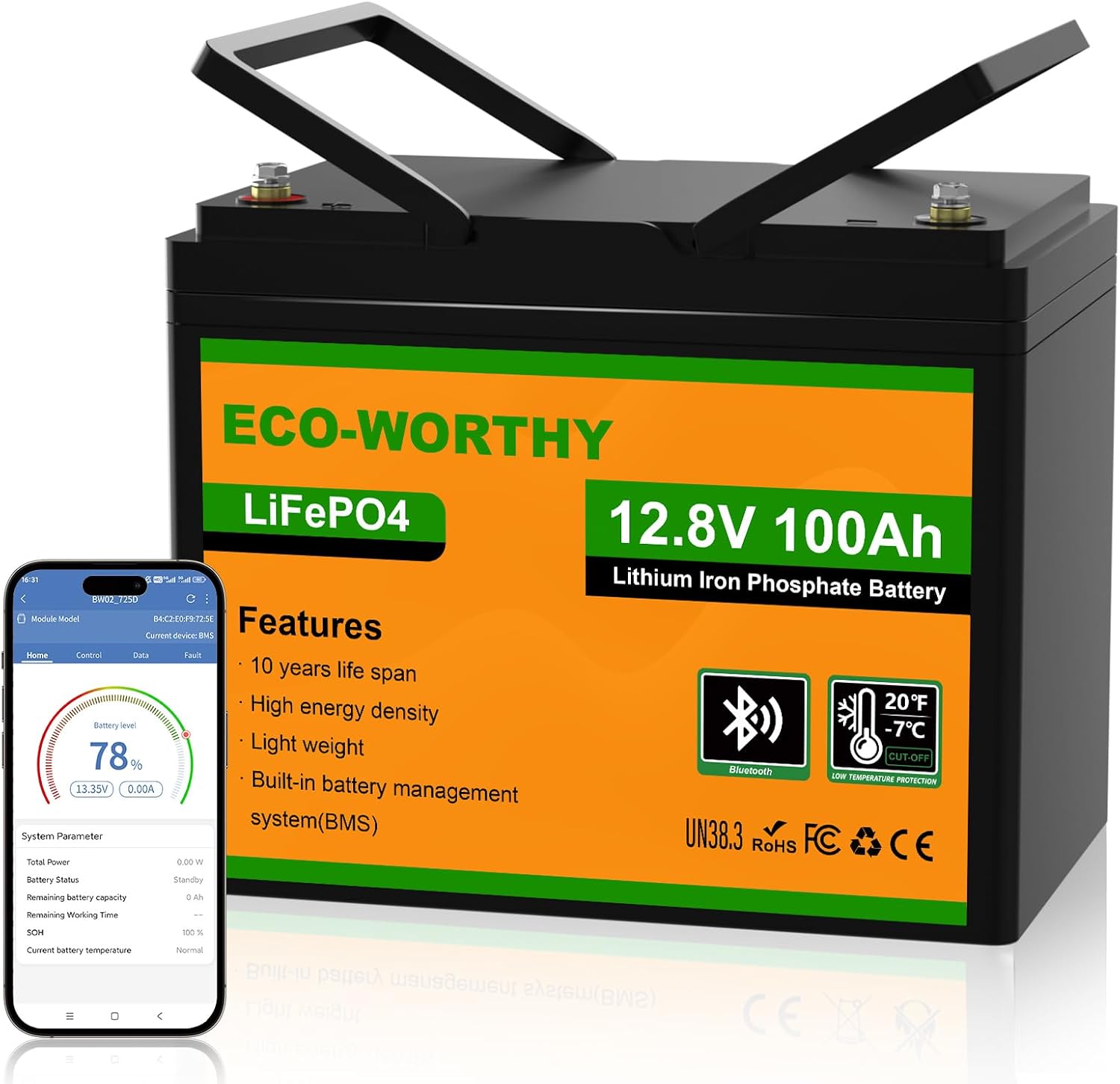 ECO-WORTHY 12V 100AH LiFePO4 Lithium Battery with Bluetooth, Max.1280Wh Energy,...