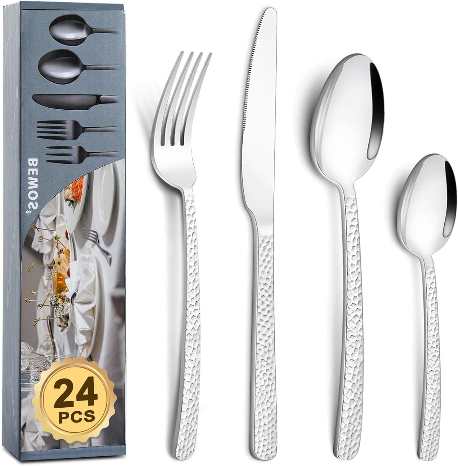 24 Pcs Silverware Set for 6, BEWOS Stainless Steel Flatware Cutlery Set, Mirror...