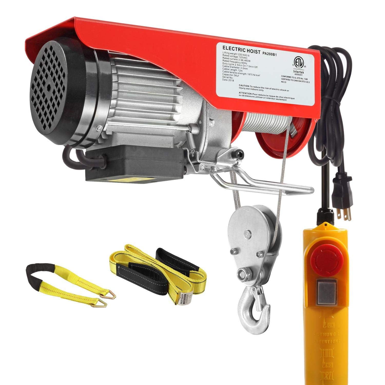 Partsam 440Lbs Lift Electric Hoist Crane Remote Control Power System, 110V Elect...