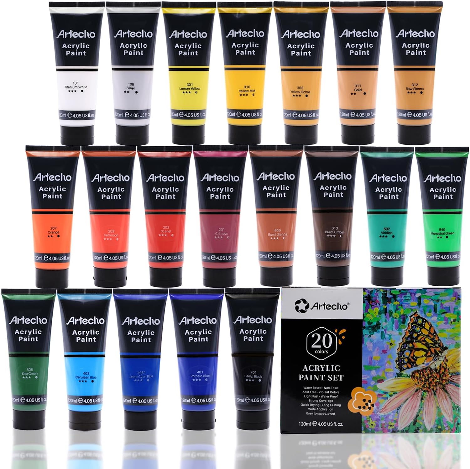 Artecho Professional Acrylic Paint Set, 20 Primary Colors (120ml / 4.05oz) Tubes...