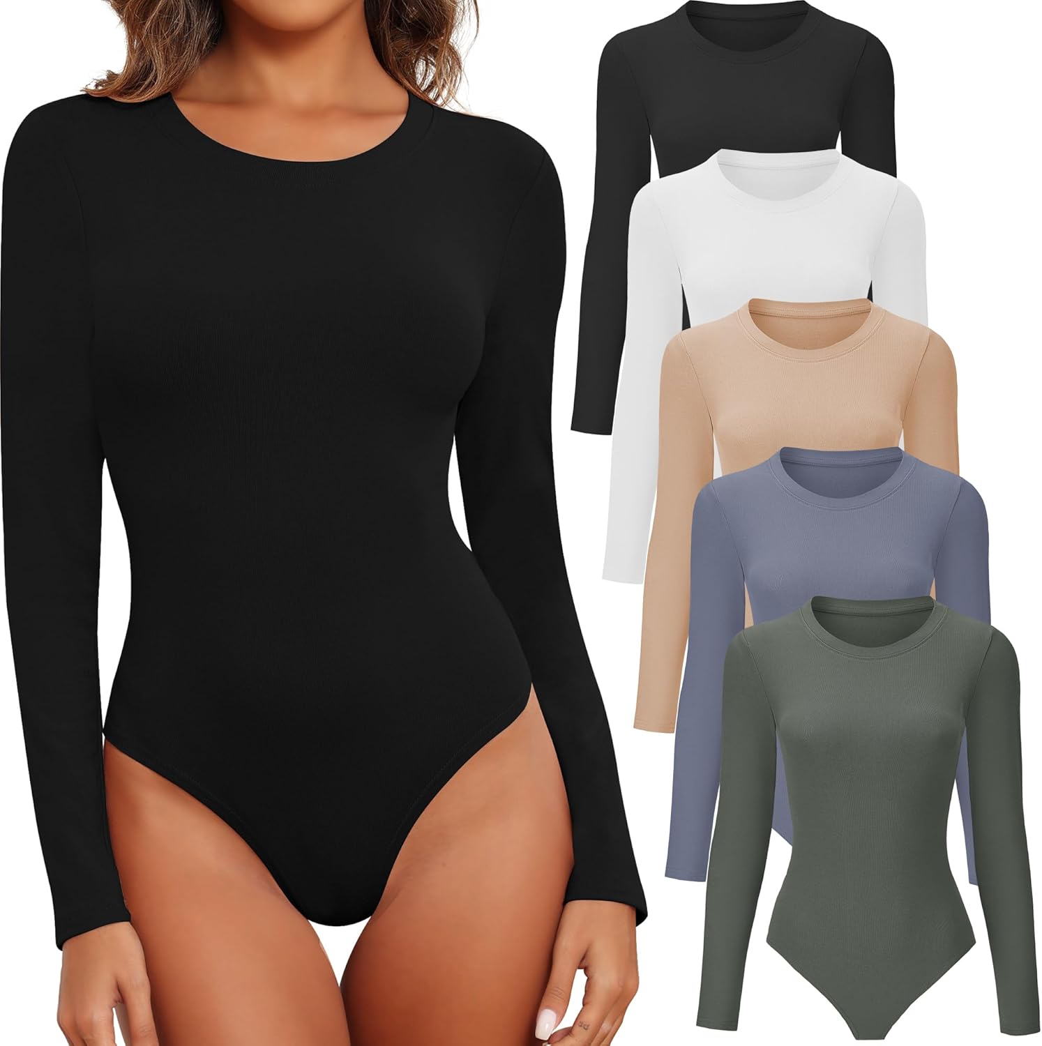 BALENNZ Womens Long Sleeve Bodysuit Round Neck Bodysuit Shirts for Women Crew Ne...