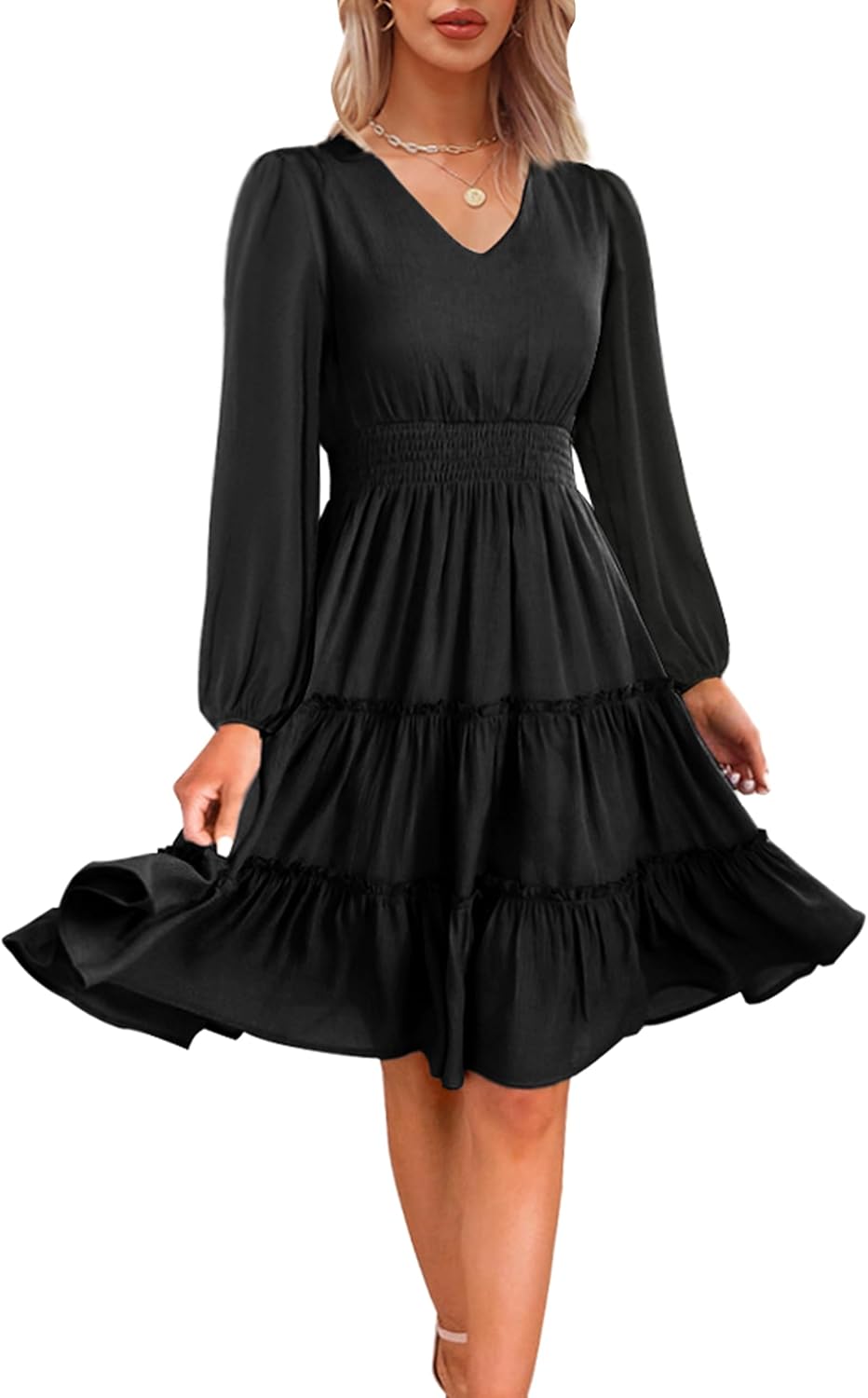 Zattcas Women 2024 Long Sleeve Fall Dress V Neck Smocked Waist Casual Flowy A Li...